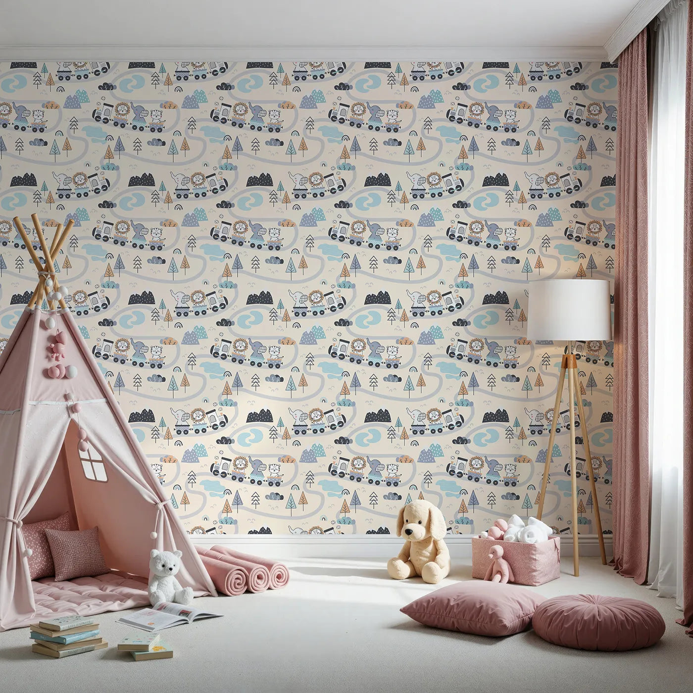 Front view of Whimsy Tots' Animal Train Adventure Wallpaper in Sand