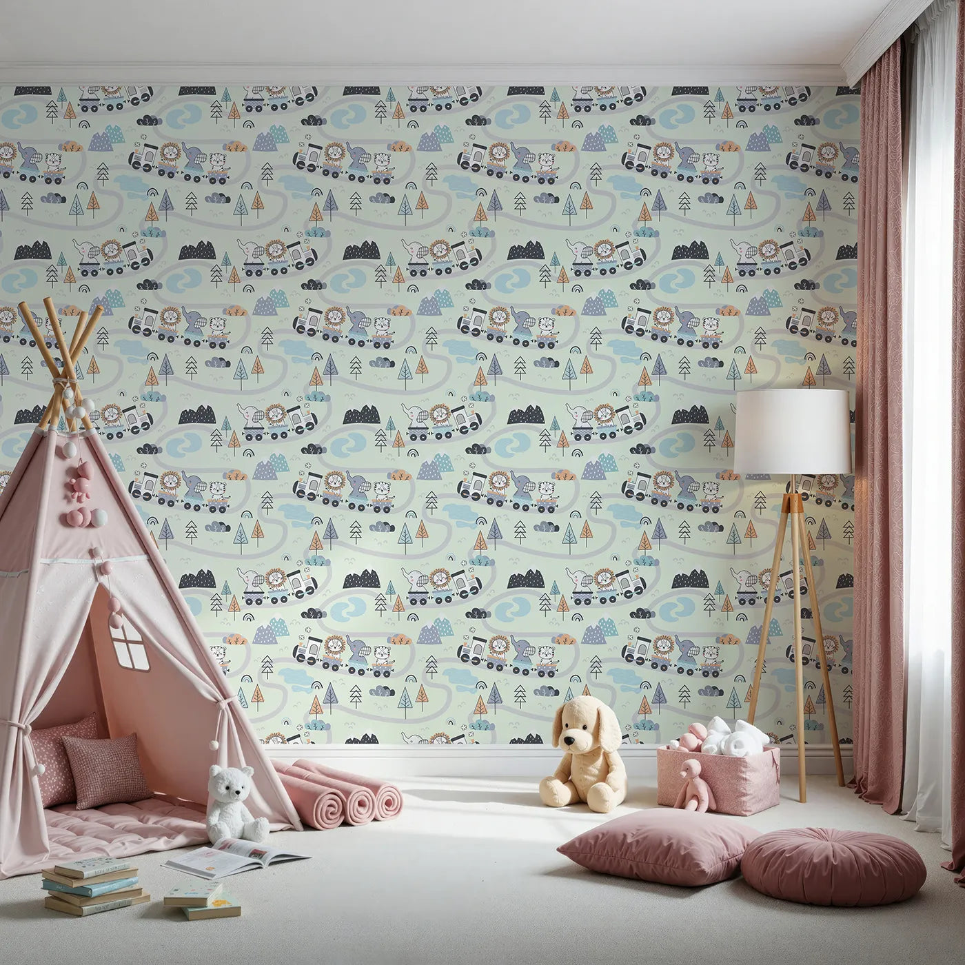 Front view of Whimsy Tots' Animal Train Adventure Wallpaper in Mint Green