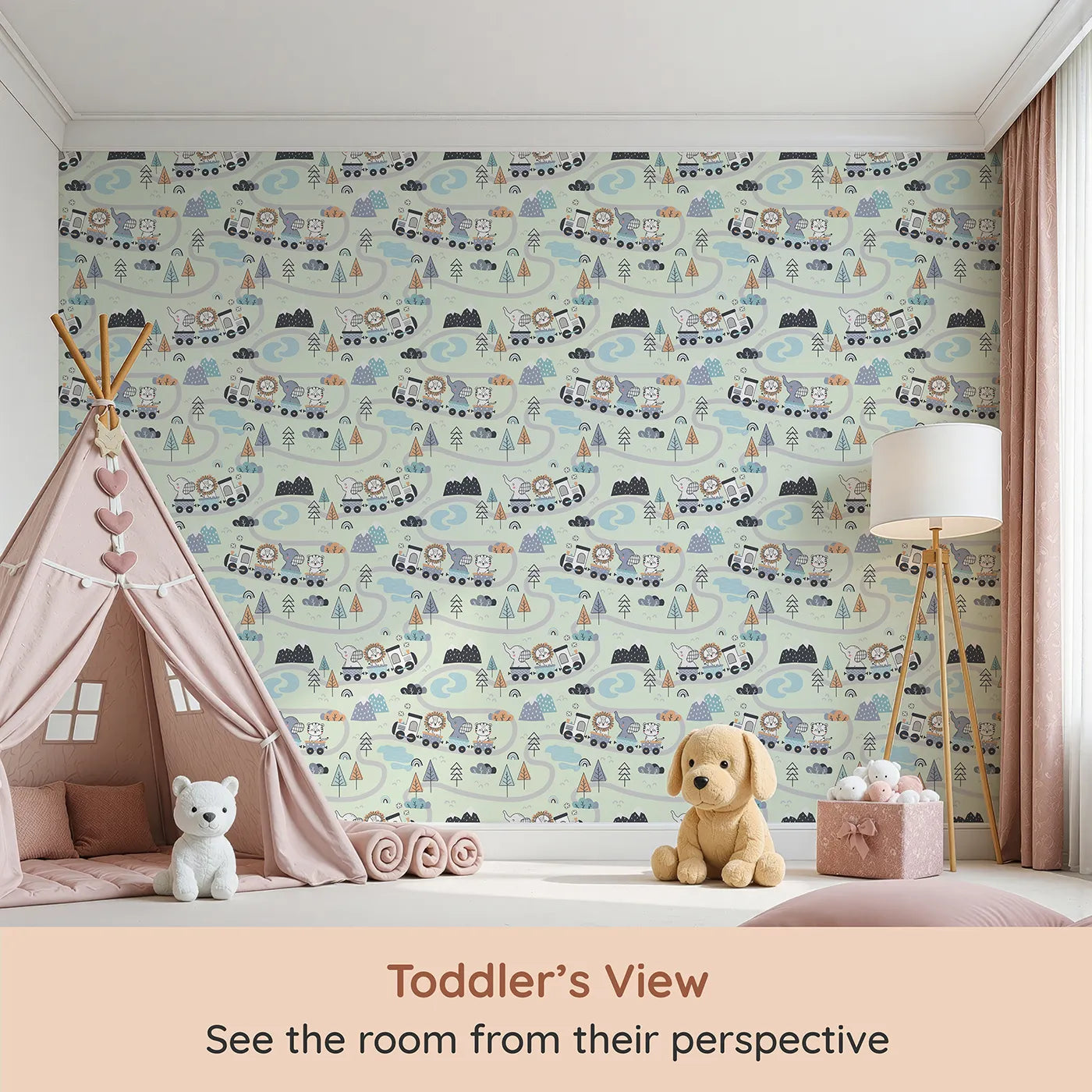 Whimsy Tots Animal Train Adventure Wallpaper in Mint Green (W3433D) from your child's view.Joyful animals roll along pastel rails through dreamy green hills.