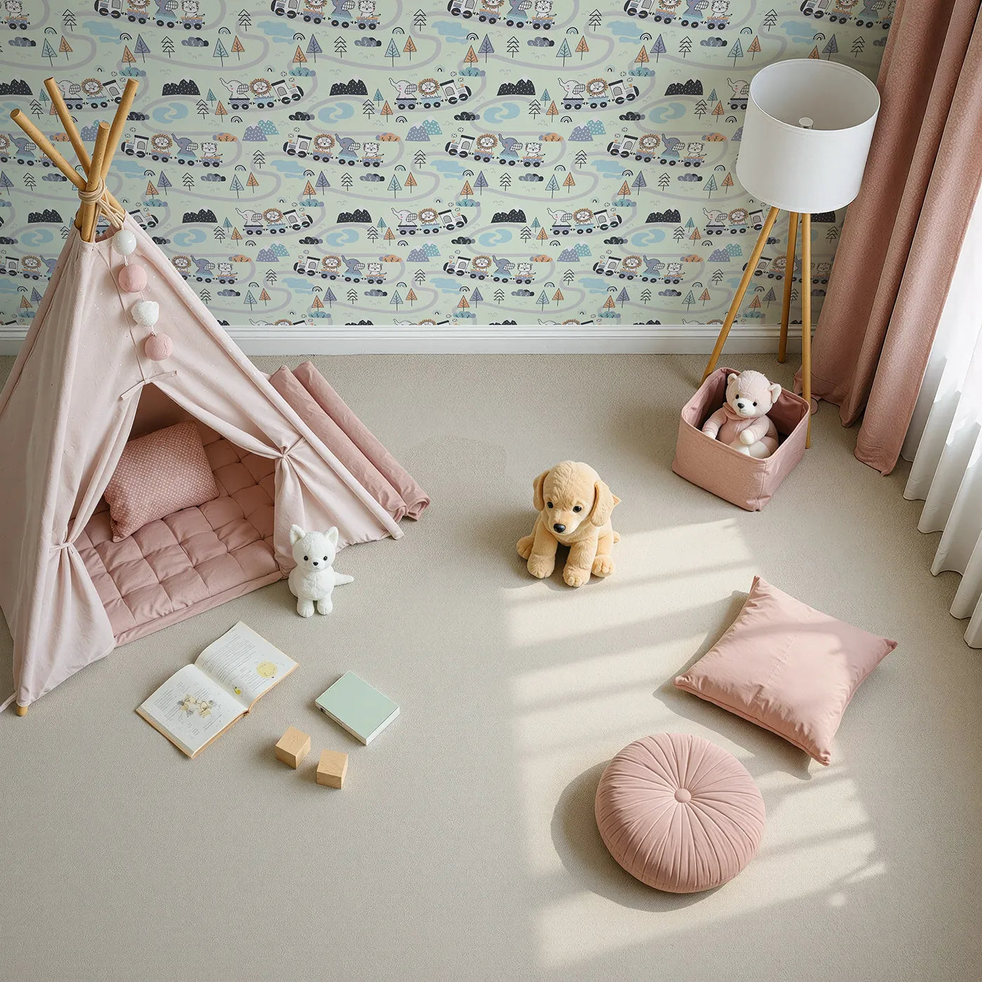 Top-Down view of Whimsy Tots' Animal Train Adventure Wallpaper in Mint Green (W3433D).Joyful animals roll along pastel rails through dreamy green hills.
