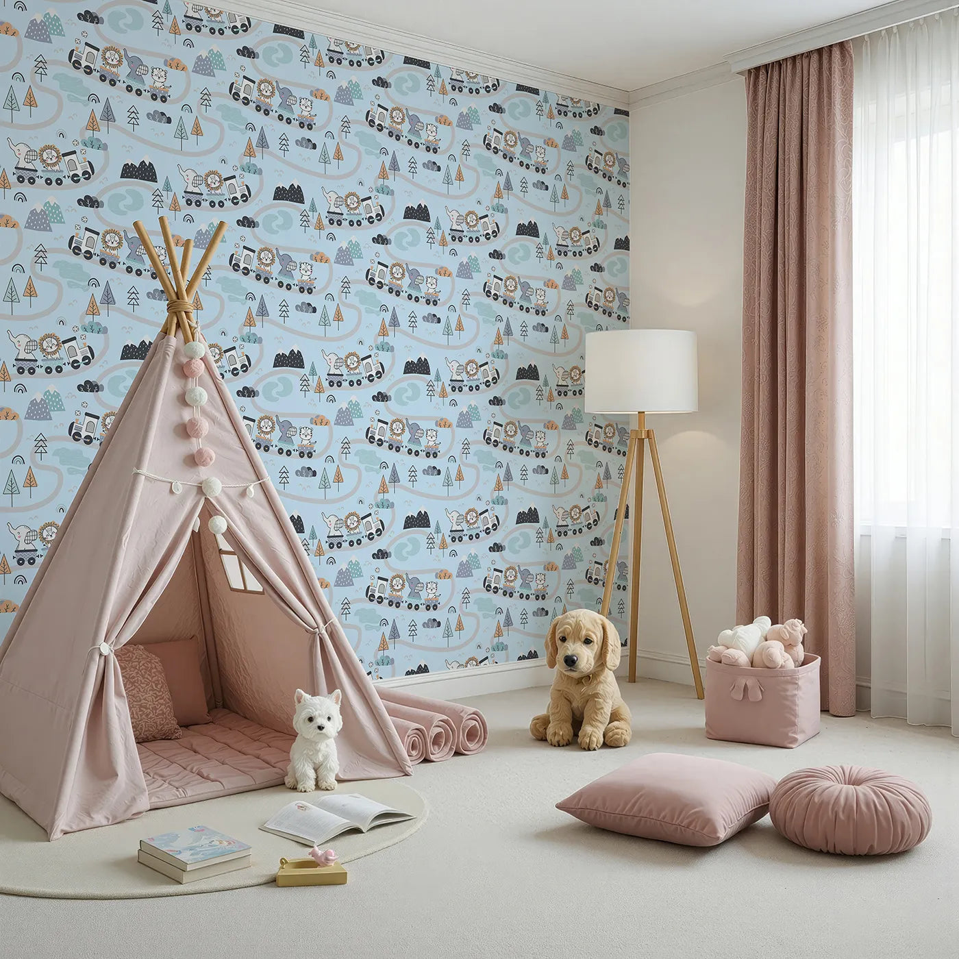 Angled view of Whimsy Tots' Animal Train Adventure Wallpaper in Blue (W3433E).Friendly animals roll along pastel tracks through a cool blue dreamland.