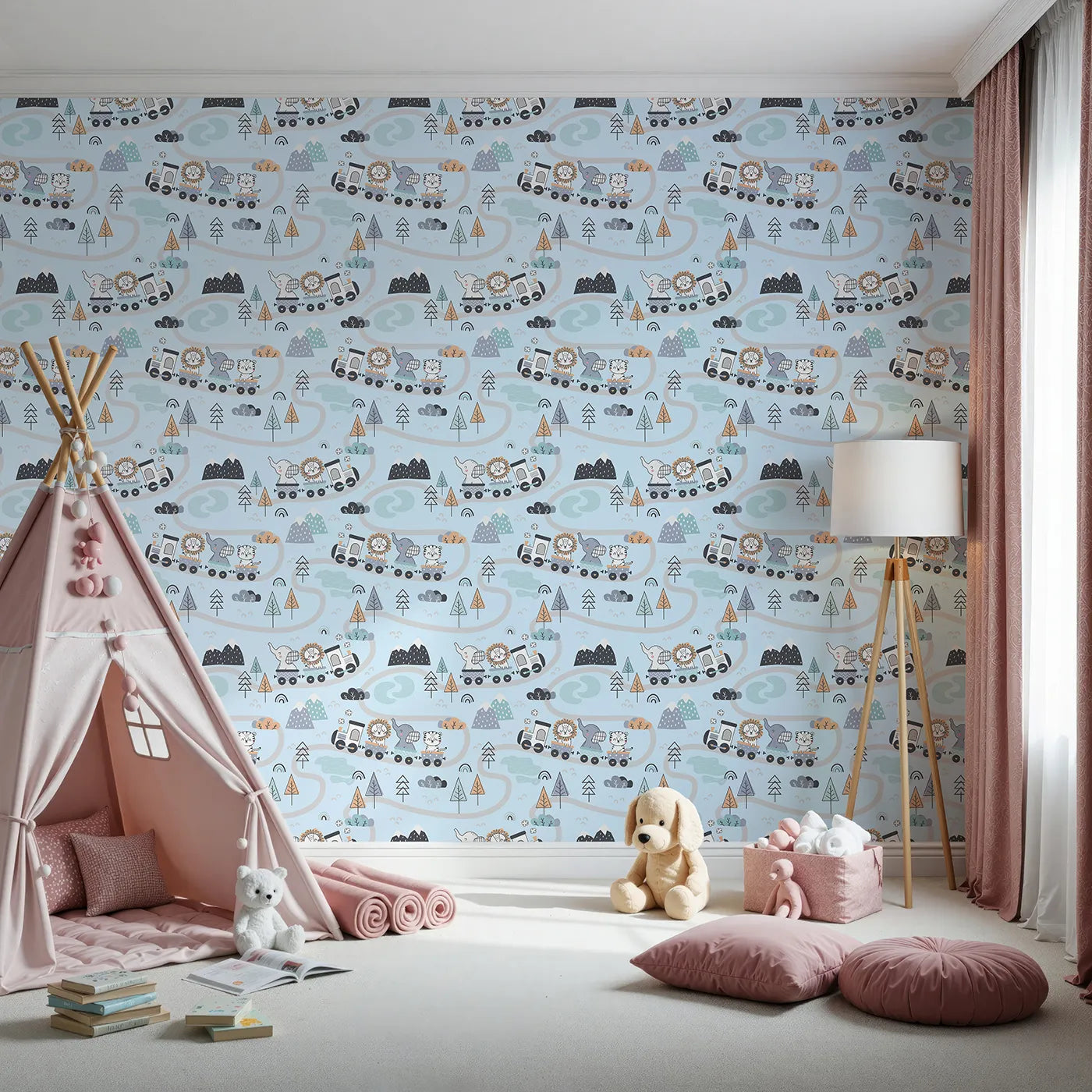 Front view of Whimsy Tots' Animal Train Adventure Wallpaper in Blue