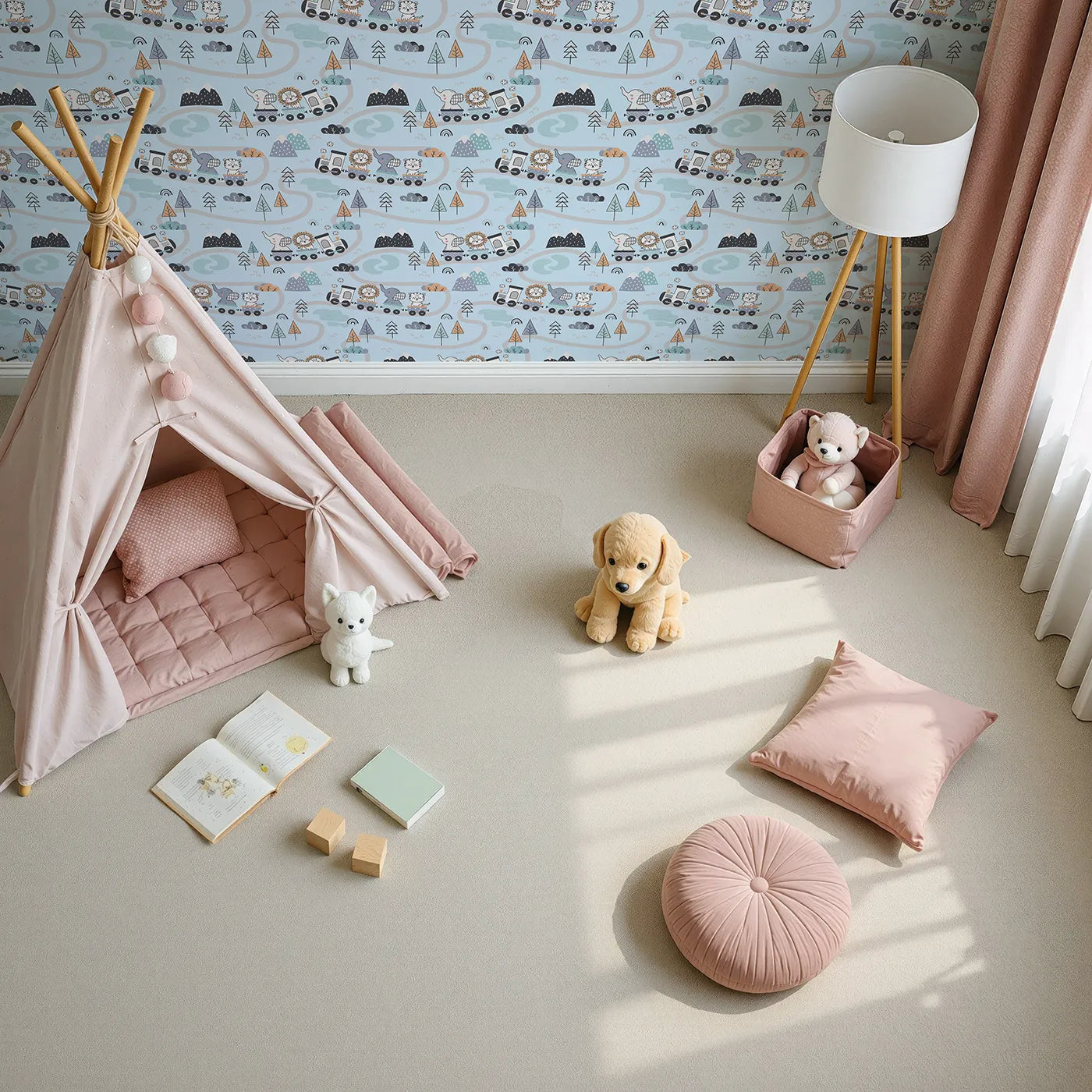 Top-Down view of Whimsy Tots' Animal Train Adventure Wallpaper in Blue (W3433E).Friendly animals roll along pastel tracks through a cool blue dreamland.