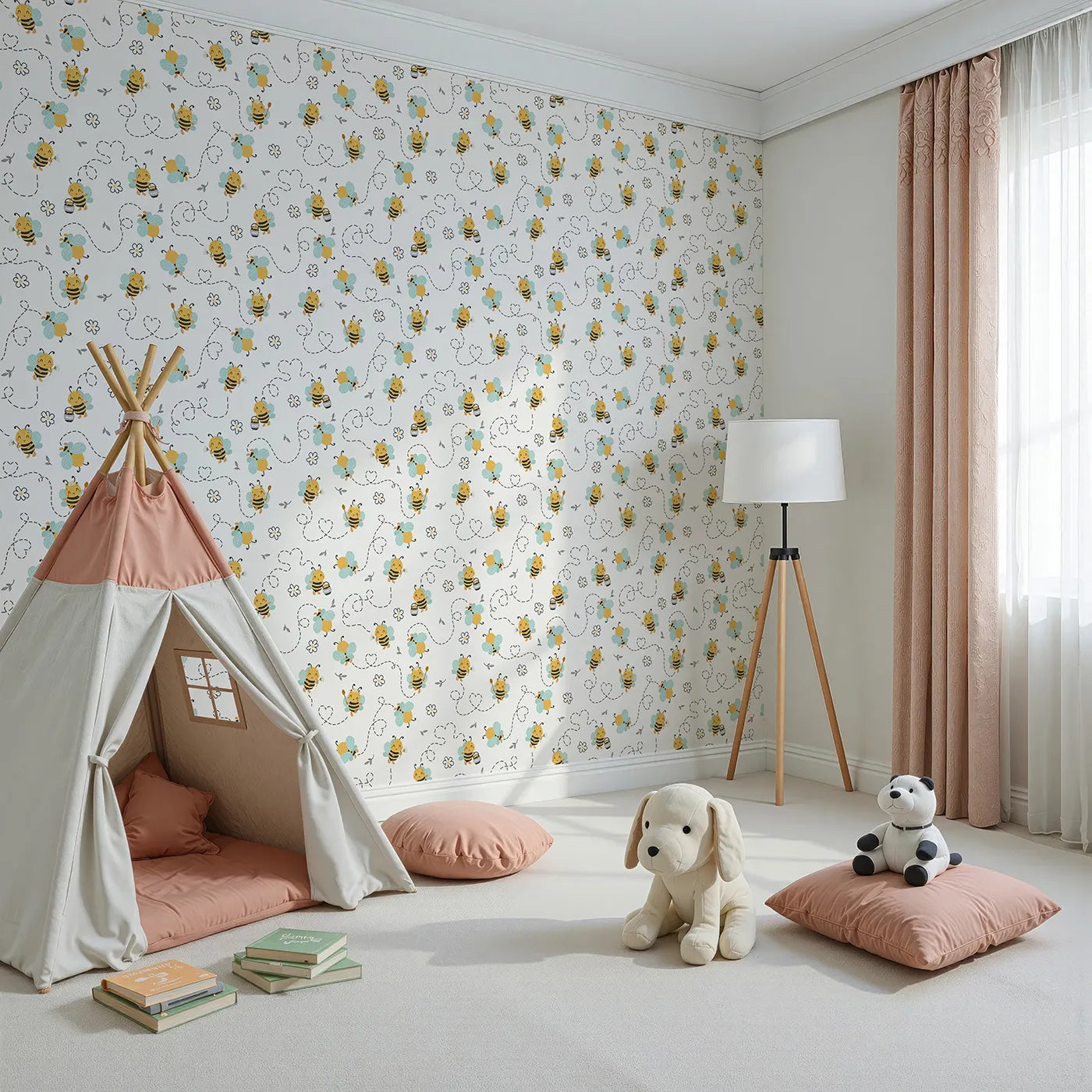 Angled view of Whimsy Tots' Busy Bees at Play Wallpaper in White (W3434A).Smiling bees fly across soft white skies, full of flowers and fun.