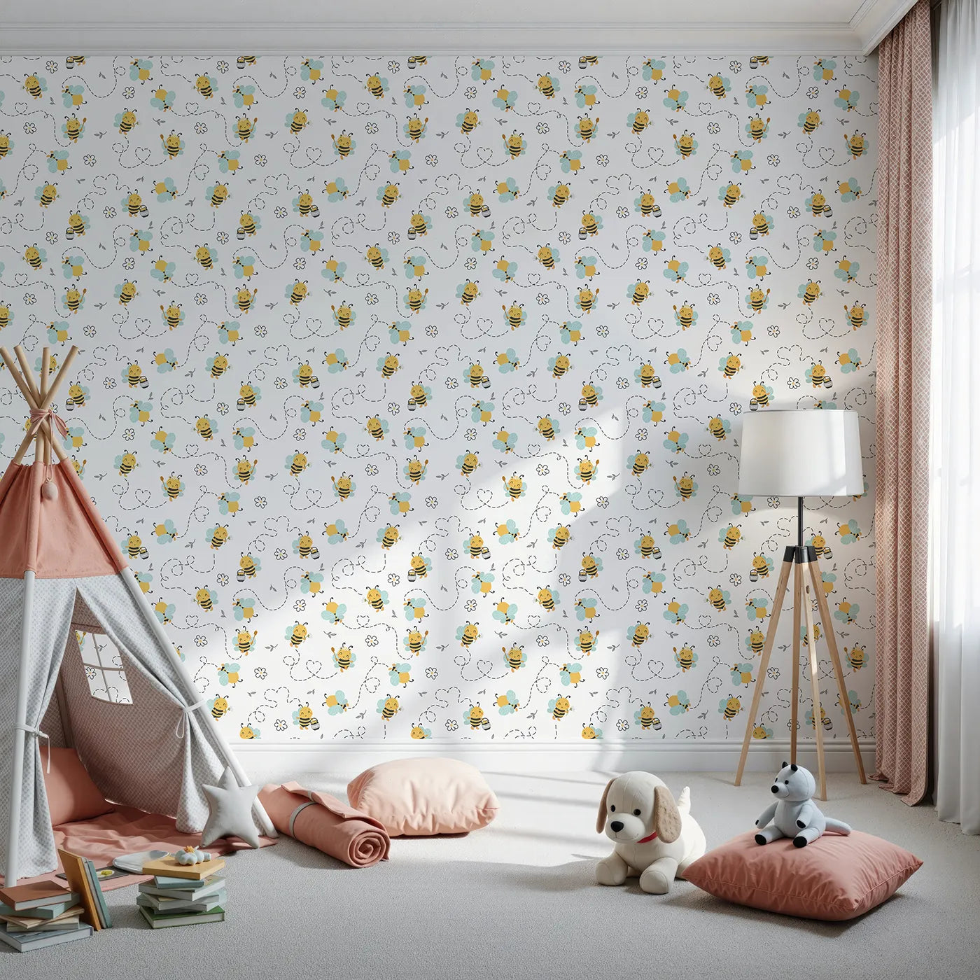 Front view of Whimsy Tots' Busy Bees at Play Wallpaper in White