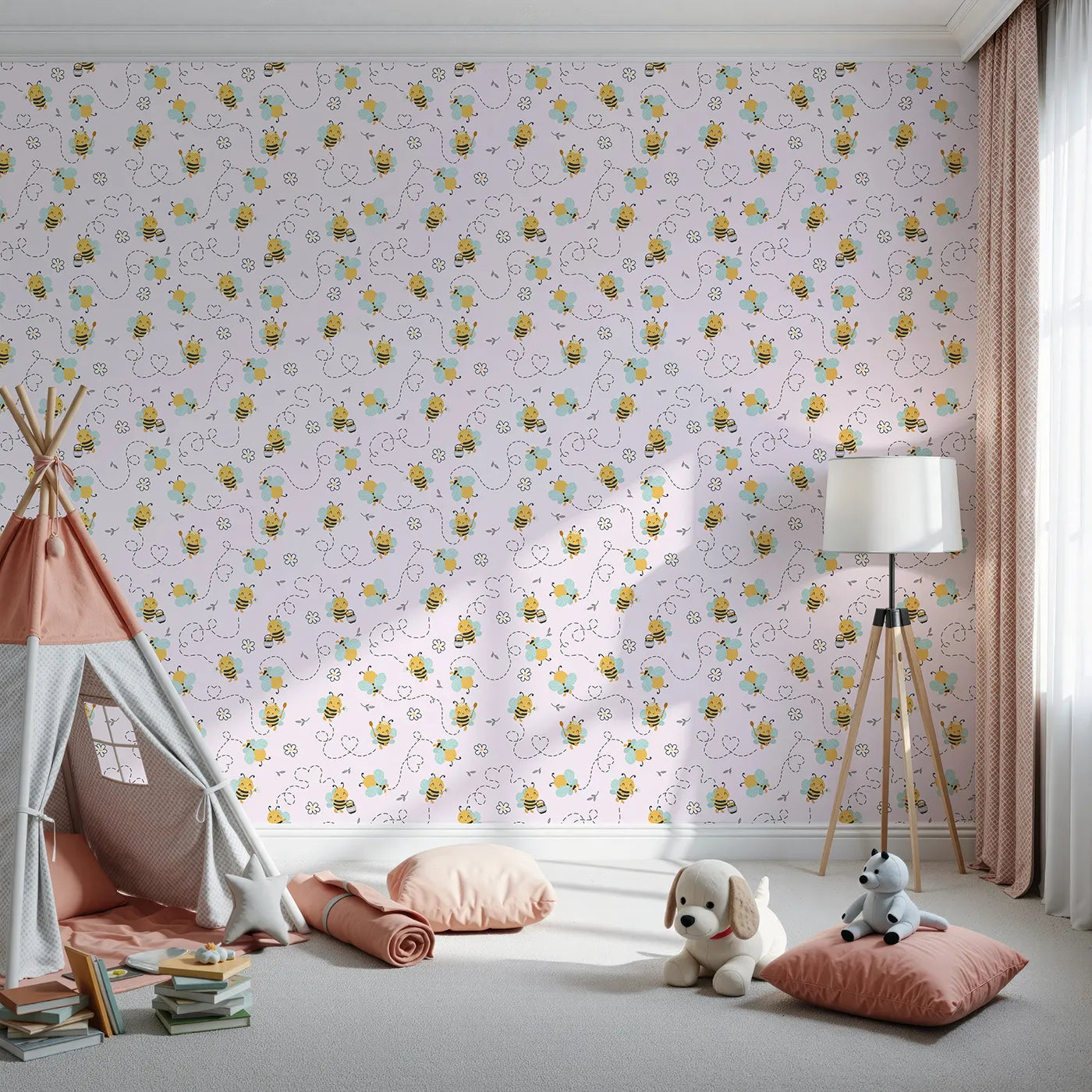 Front view of Whimsy Tots' Busy Bees at Play Wallpaper in Blush Pink