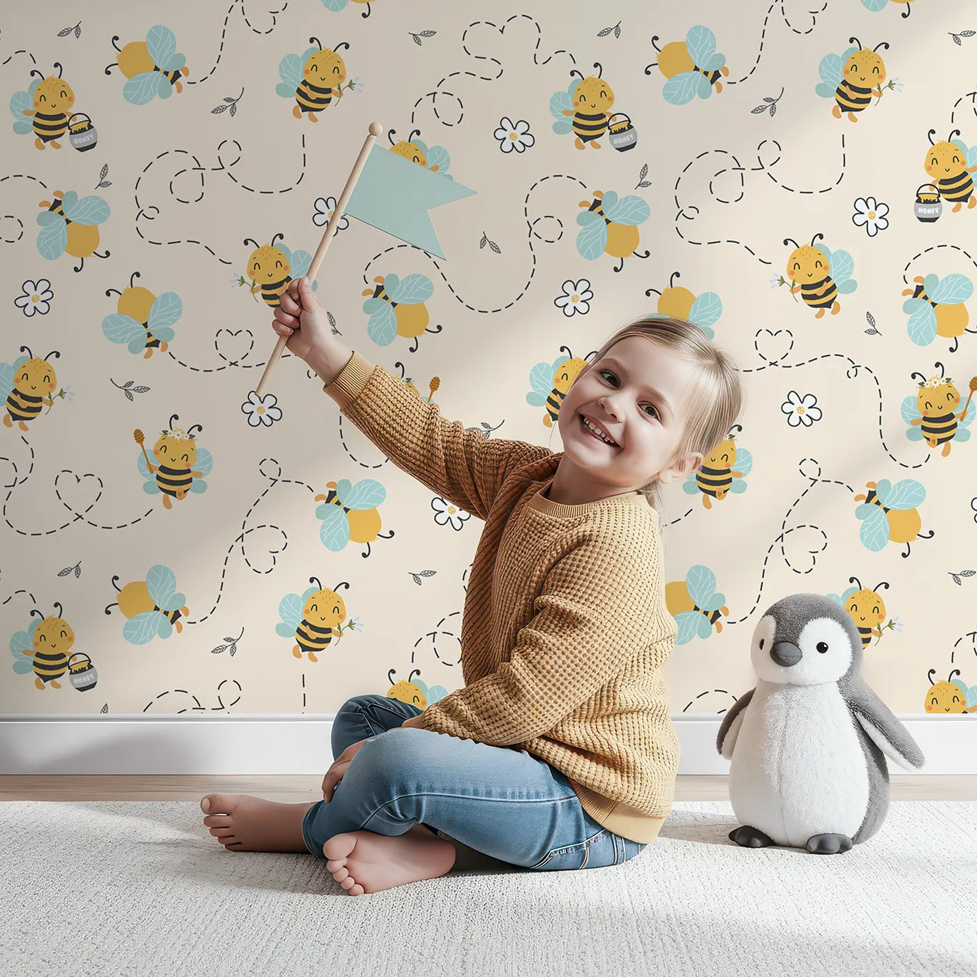 Lovely child standing in front of Whimsy Tots Busy Bees at Play Wallpaper in Sand with bee, heart, honey, flower, leaf in design.