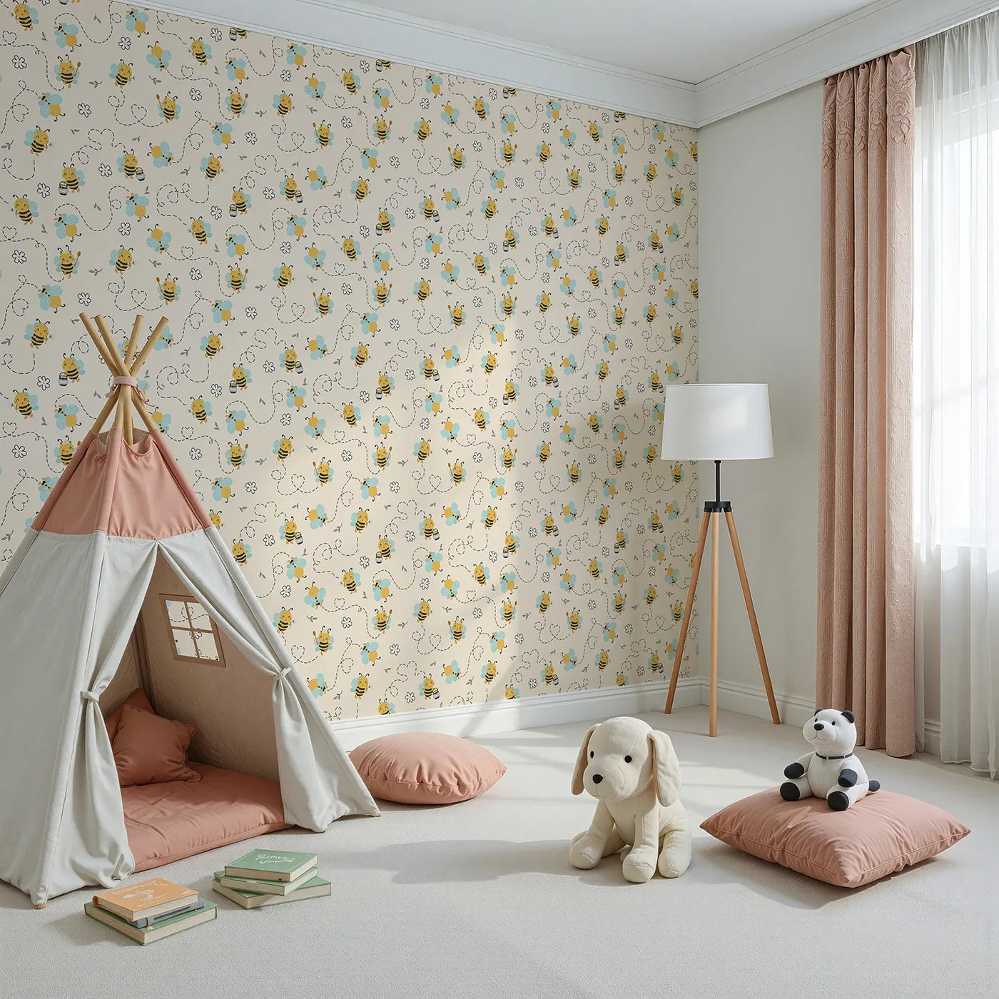 Angled view of Whimsy Tots' Busy Bees at Play Wallpaper in Sand (W3434C).Friendly bees buzz across a sandy sky, spreading joy and flowers.