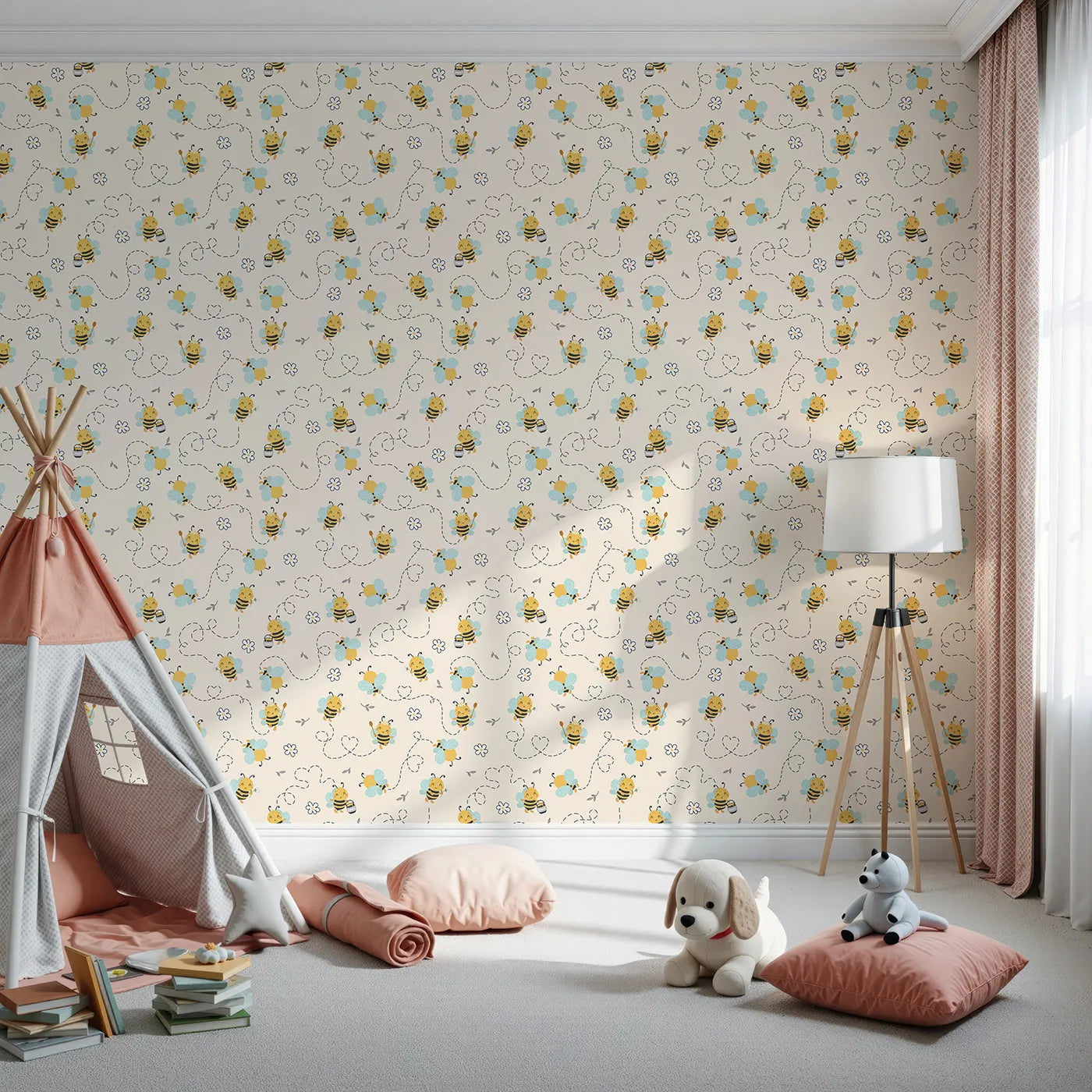 Front view of Whimsy Tots' Busy Bees at Play Wallpaper in Sand