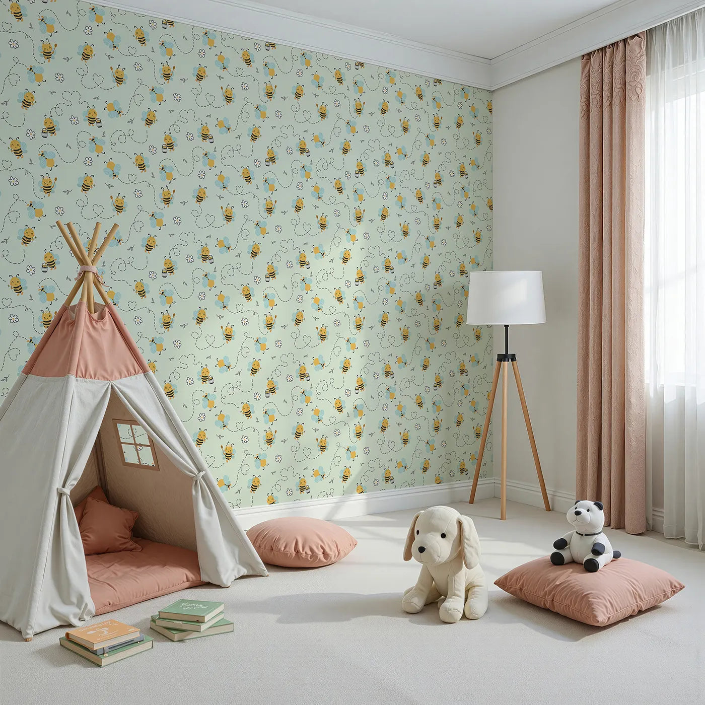 Angled view of Whimsy Tots' Busy Bees at Play Wallpaper in Mint Green (W3434D).Cheerful bees flit across a fresh minty sky, filling the space with sweetness and movement.