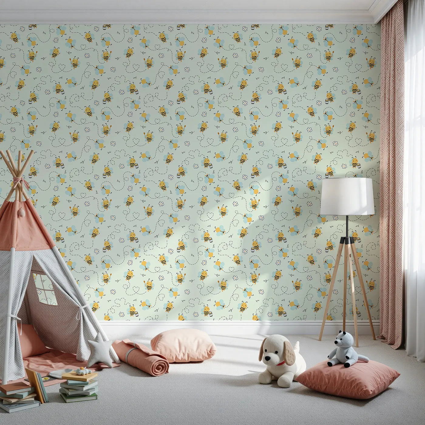 Front view of Whimsy Tots' Busy Bees at Play Wallpaper in Mint Green