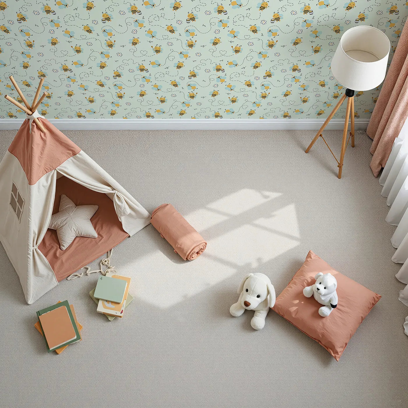 Top-Down view of Whimsy Tots' Busy Bees at Play Wallpaper in Mint Green (W3434D).Cheerful bees flit across a fresh minty sky, filling the space with sweetness and movement.