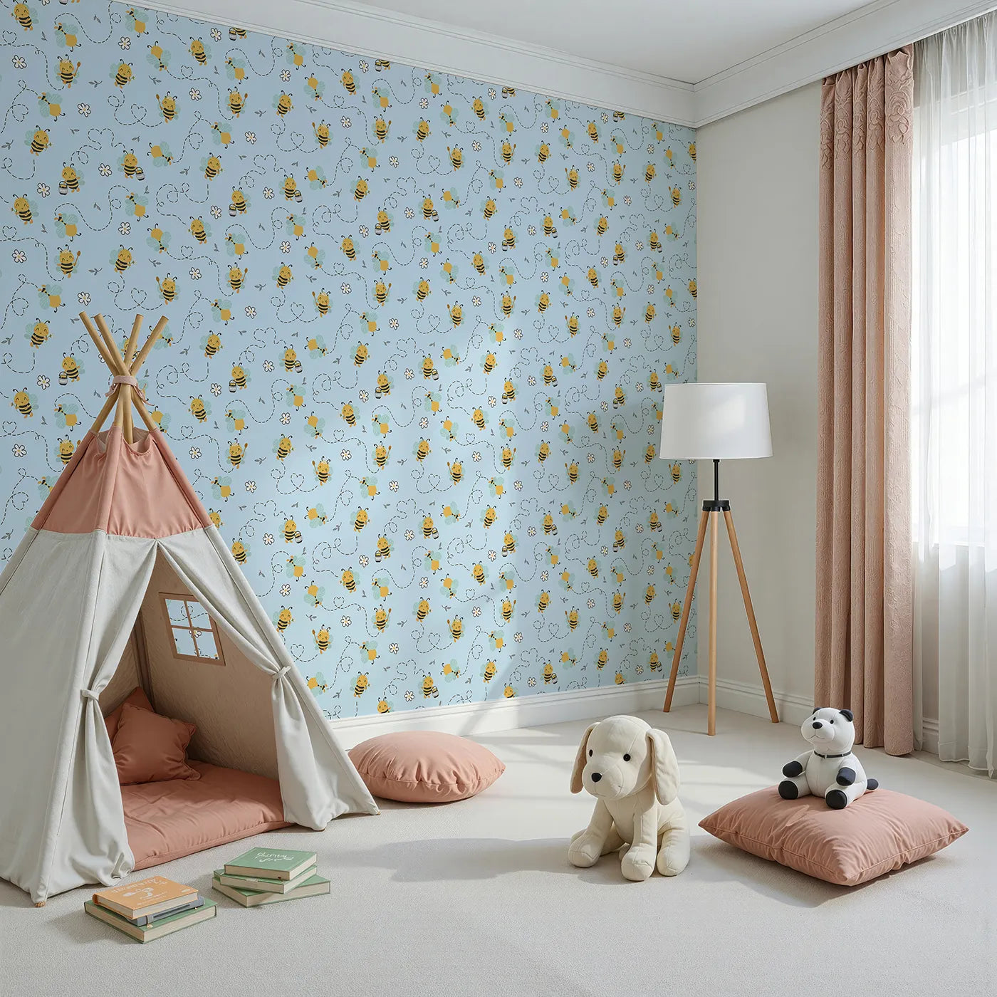 Angled view of Whimsy Tots' Busy Bees at Play Wallpaper in Sky (W3434E).Happy bees zoom across a soft blue sky, leaving hearts and flowers in their wake.
