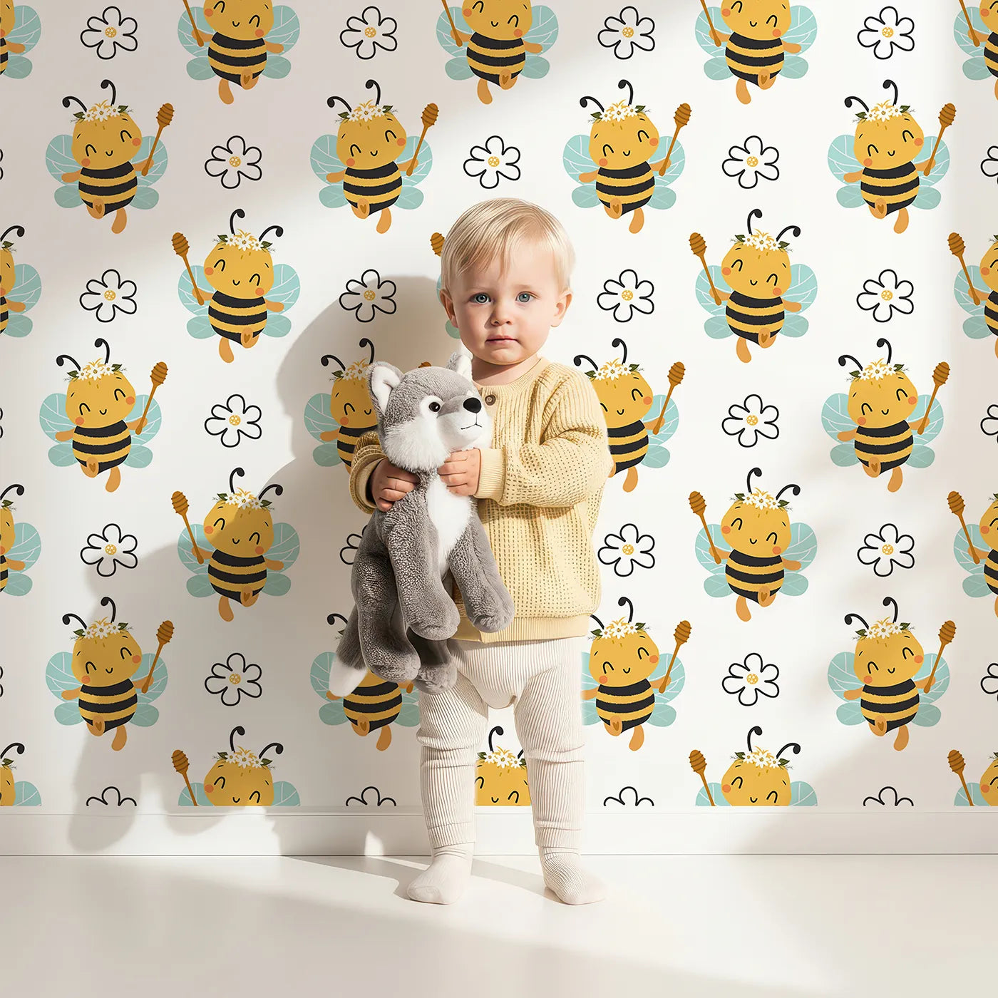 Lovely child standing in front of Whimsy Tots Bee Blossom Parade Wallpaper in White with bee, flower, honey in design.