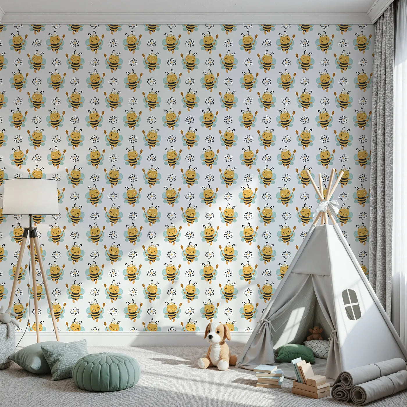 Front view of Whimsy Tots' Bee Blossom Parade Wallpaper in White