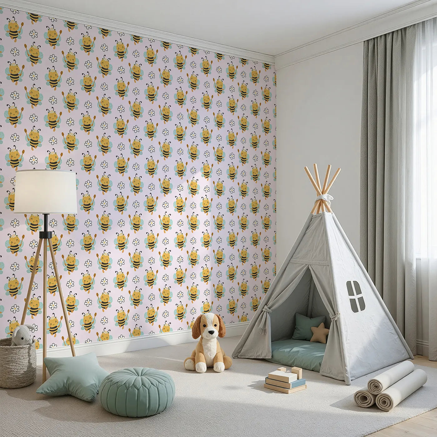 Angled view of Whimsy Tots' Bee Blossom Parade Wallpaper in Blush Pink (W3435B).Crowned bees and happy flowers float across a soft pink sky.