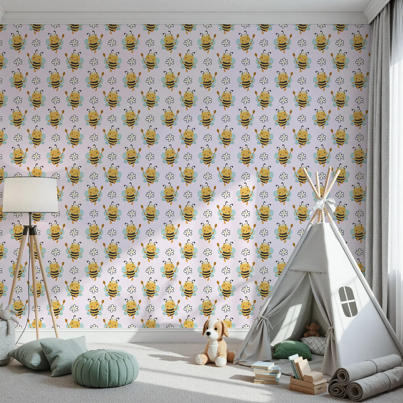 Front view of Whimsy Tots' Bee Blossom Parade Wallpaper in Blush Pink