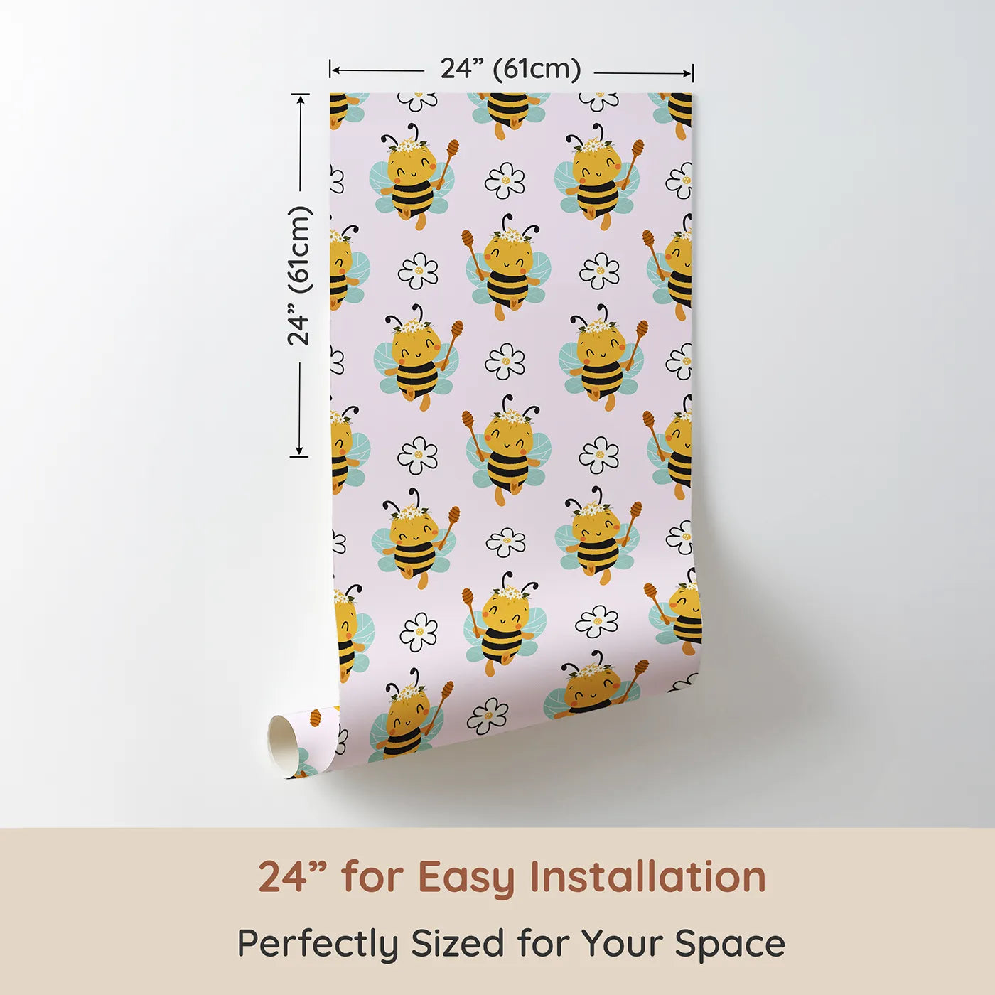 Dimension view of Whimsy Tots Bee Blossom Parade Wallpaper in Blush Pink (W3435B). Printed in 24-inch-wide panel for easy installation. Crowned bees and happy flowers float across a soft pink sky.