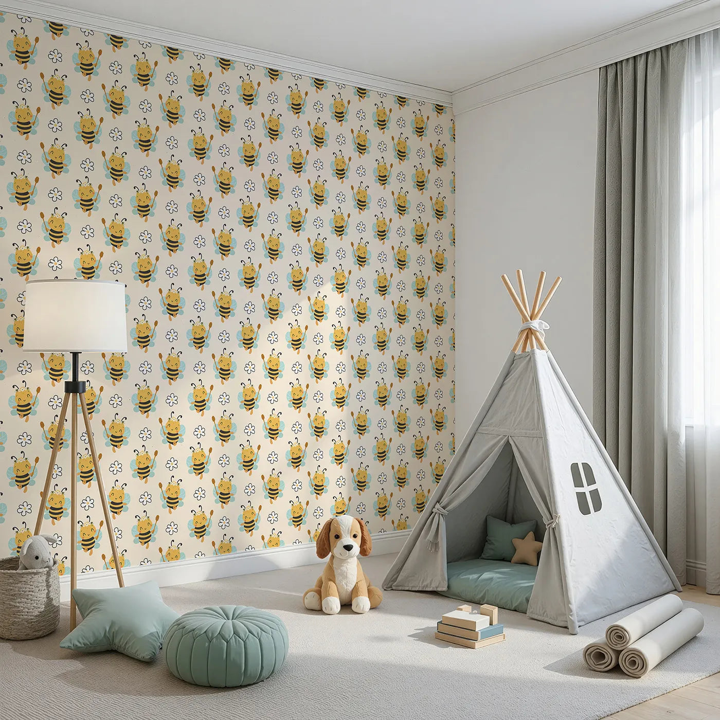 Angled view of Whimsy Tots' Bee Blossom Parade Wallpaper in Sand (W3435C).Flower-crowned bees float sweetly across a warm sandy sky.