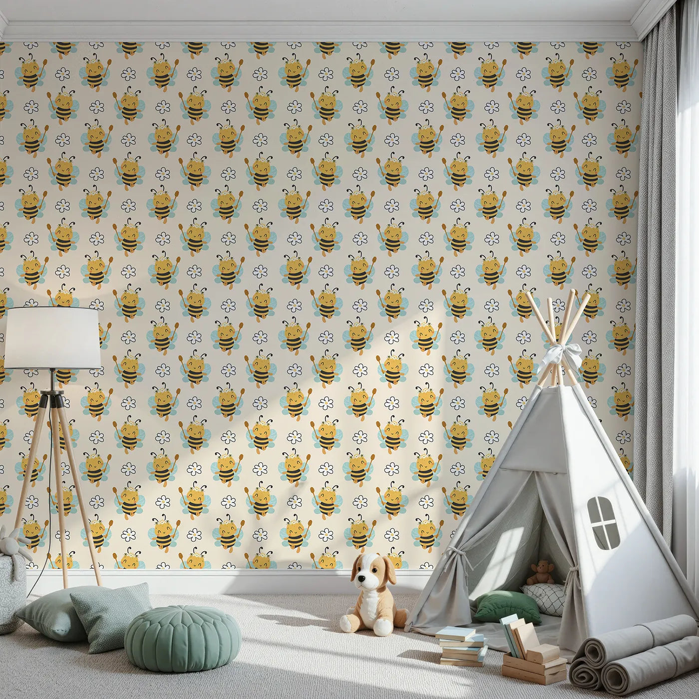 Front view of Whimsy Tots' Bee Blossom Parade Wallpaper in Sand