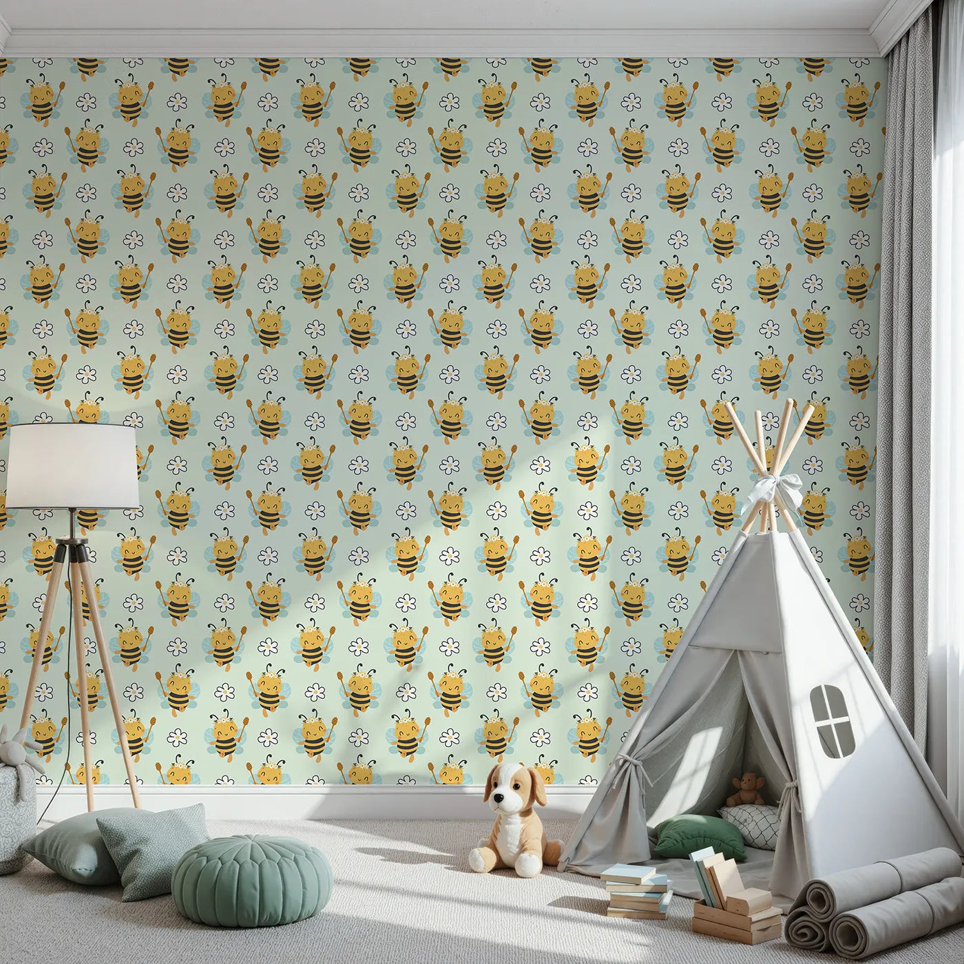 Front view of Whimsy Tots' Bee Blossom Parade Wallpaper in Mint Green