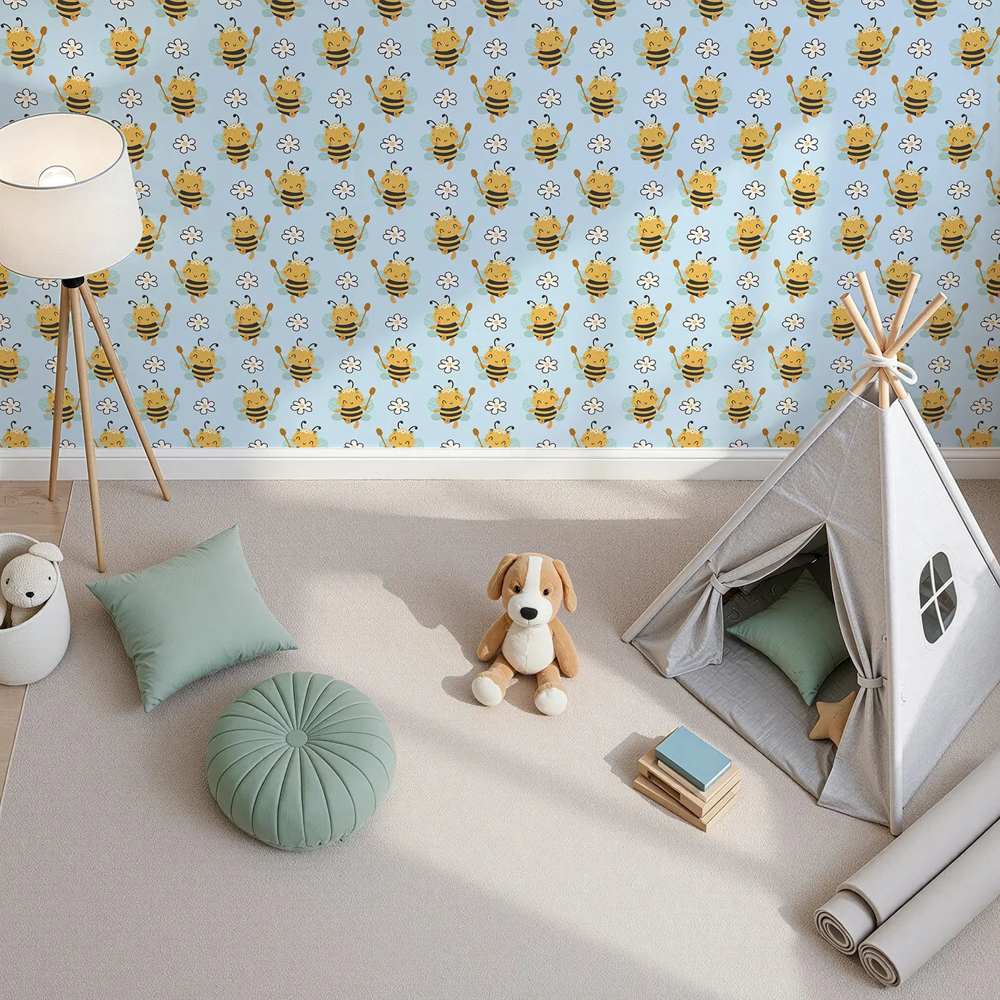 Top-Down view of Whimsy Tots' Bee Blossom Parade Wallpaper in Sky (W3435E).Daisy-crowned bees float sweetly through a soft blue sky of joy.