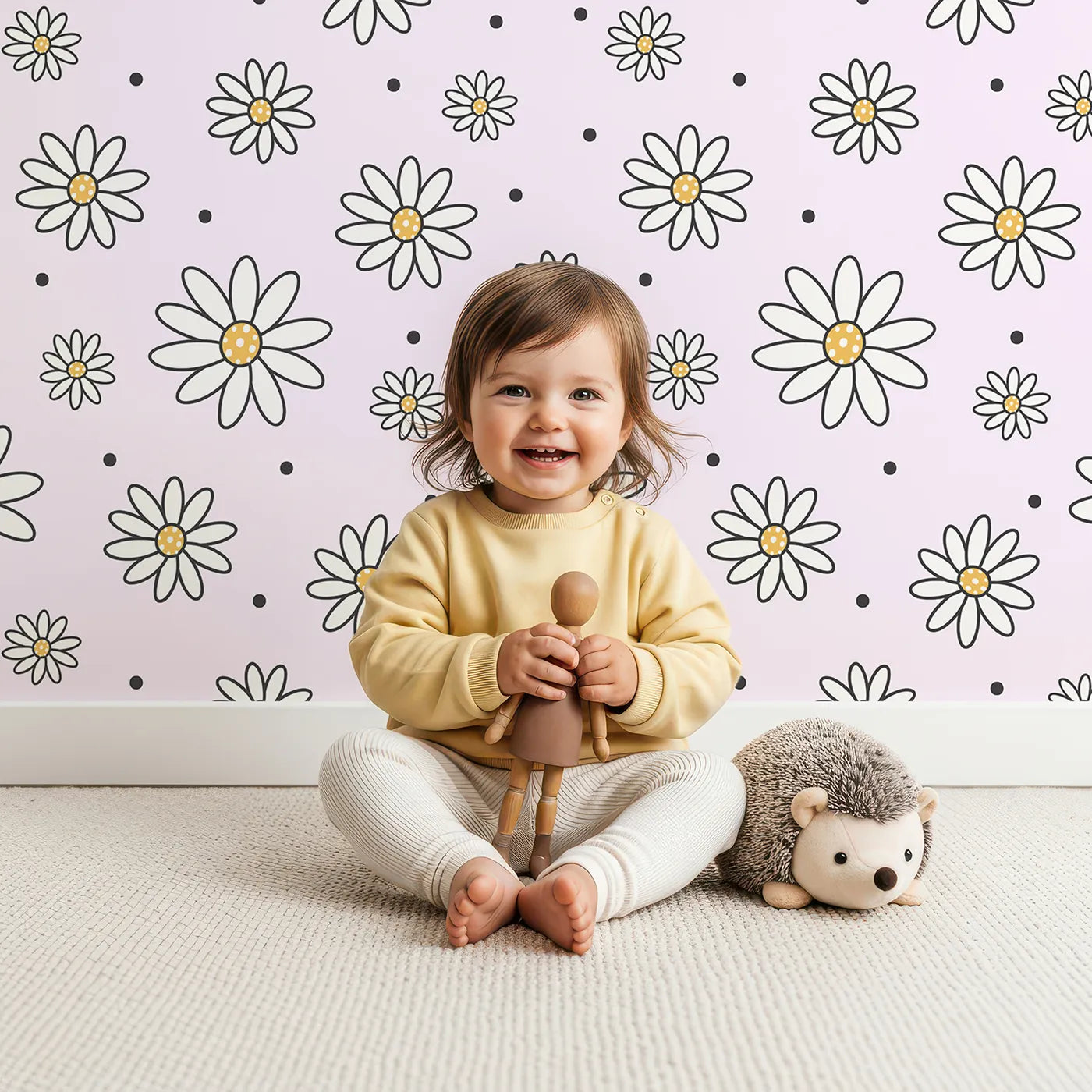Lovely child standing in front of Whimsy Tots Daisy Dot Dance Wallpaper in Blush Pink with flower, dot in design.
