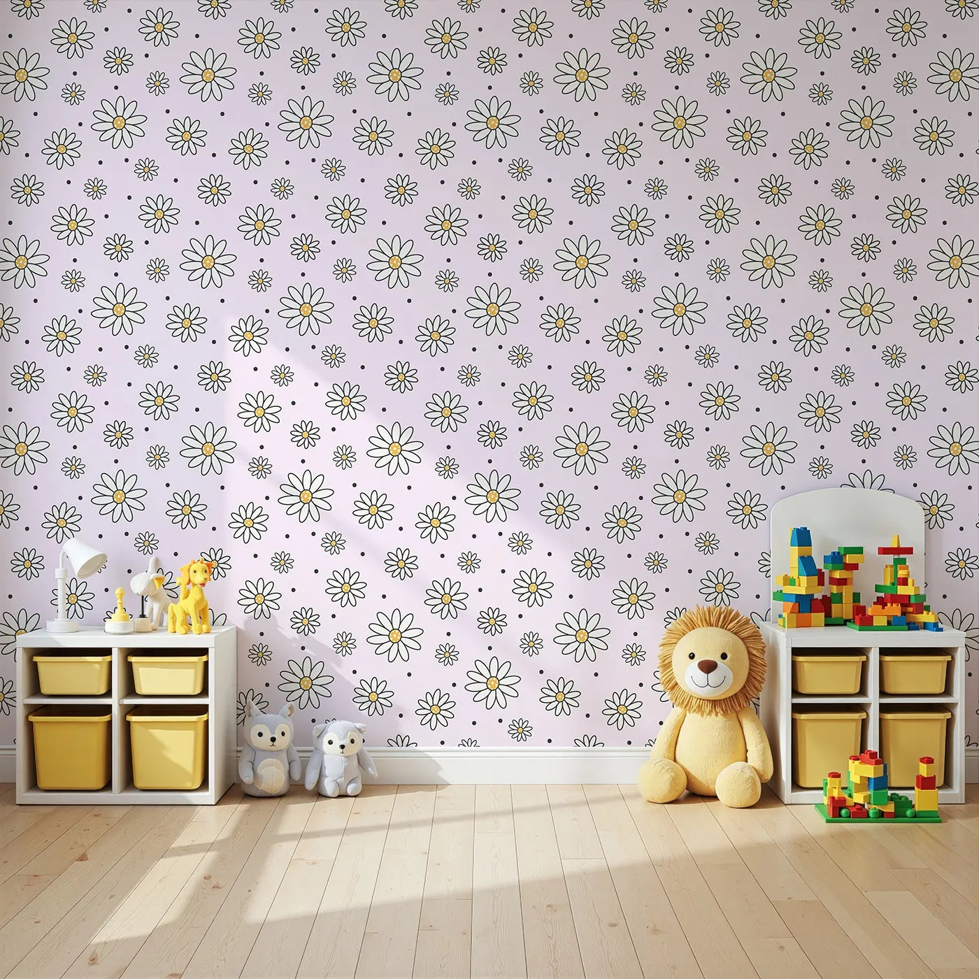 Angled view of Whimsy Tots' Daisy Dot Dance Wallpaper in Blush Pink (W3437B).Cheerful daisies and dotted sprinkles bloom across a blush-pink sky.