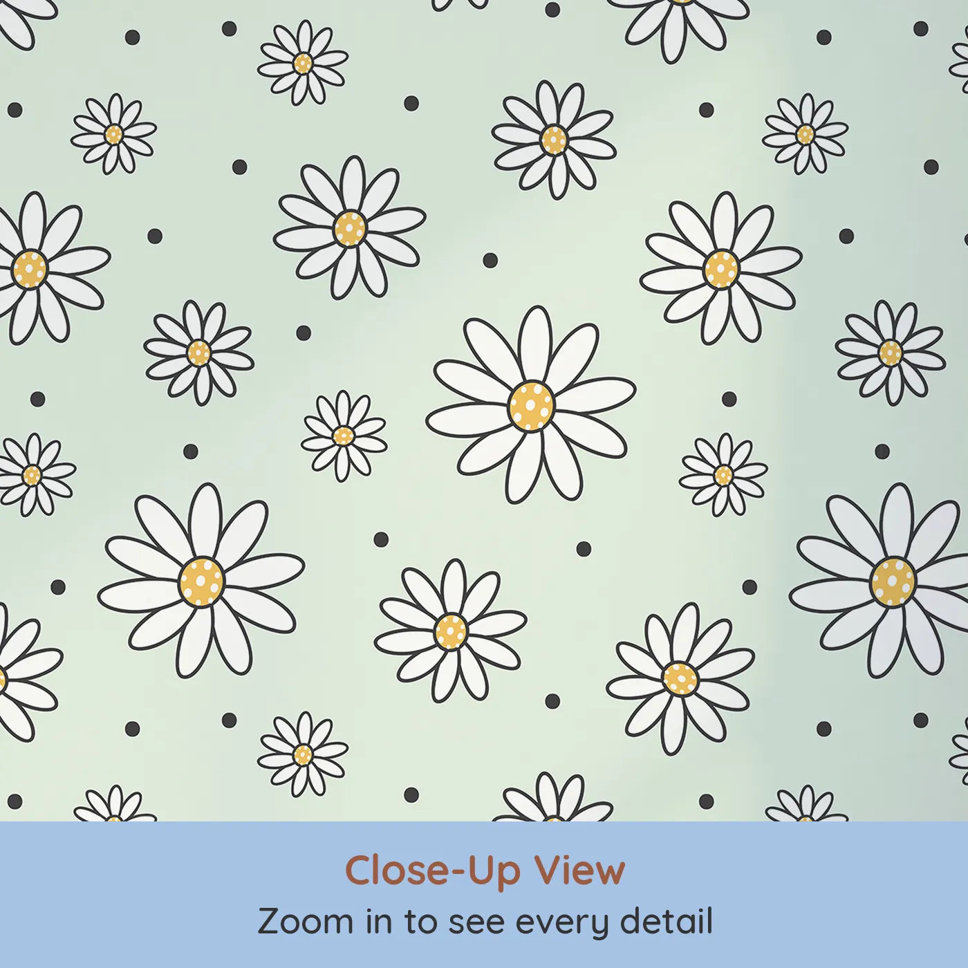 Close-up view of Whimsy Tots' Daisy Dot Dance Wallpaper in Mint Green (W3437D).Fresh daisies and playful dots scatter across a soft minty breeze.