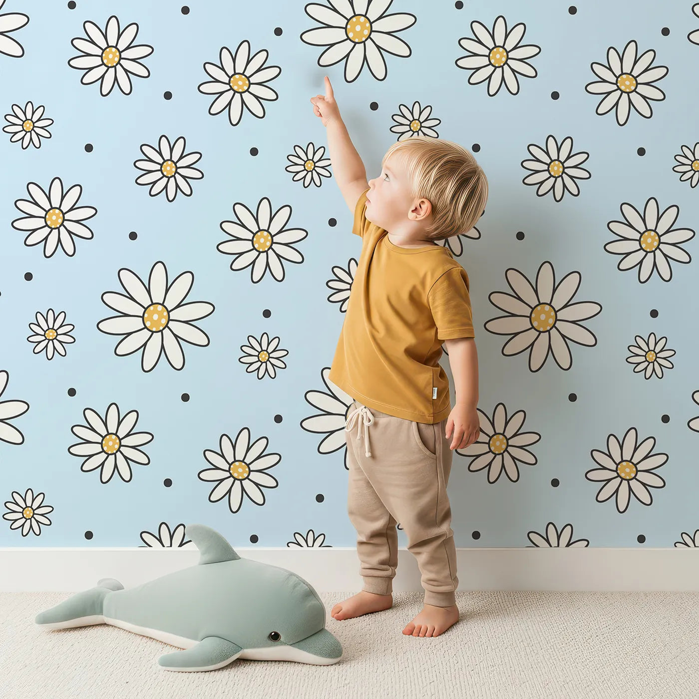 Lovely child standing in front of Whimsy Tots Daisy Dot Dance Wallpaper in Sky with flower, dot in design.