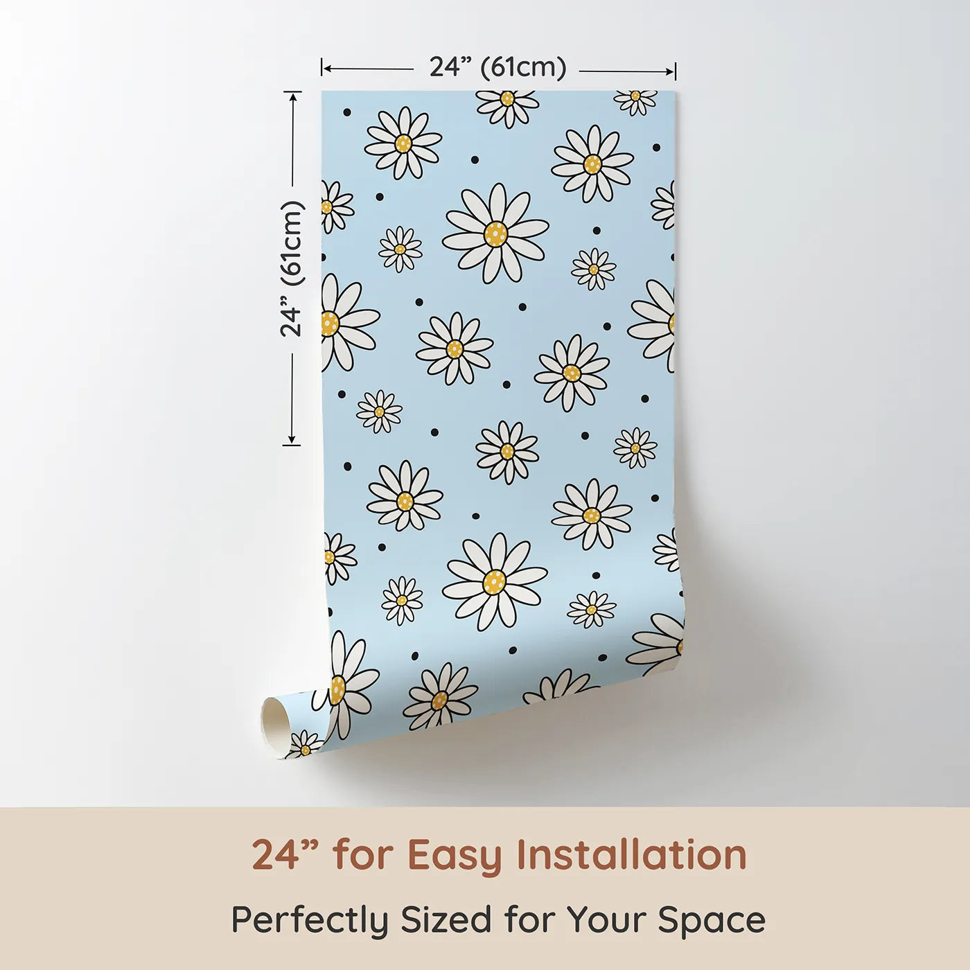 Dimension view of Whimsy Tots Daisy Dot Dance Wallpaper in Sky (W3437E). Printed in 24-inch-wide panel for easy installation. White daisies and cheerful dots bloom against a soft blue sky.