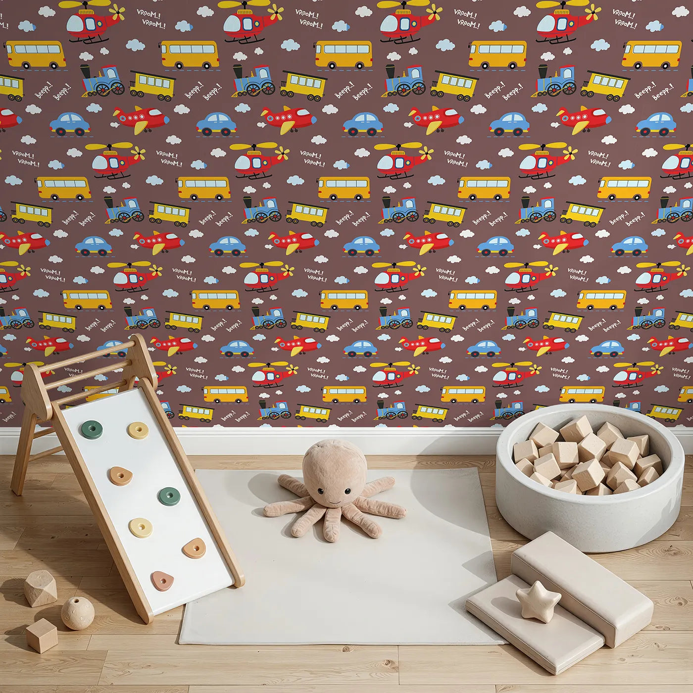 Top-Down view of Whimsy Tots' Vroom Vroom Transport Parade Wallpaper in Chocolate Brown (W3438A).Planes, trains, buses, and helicopters zoom across a chocolate sky.