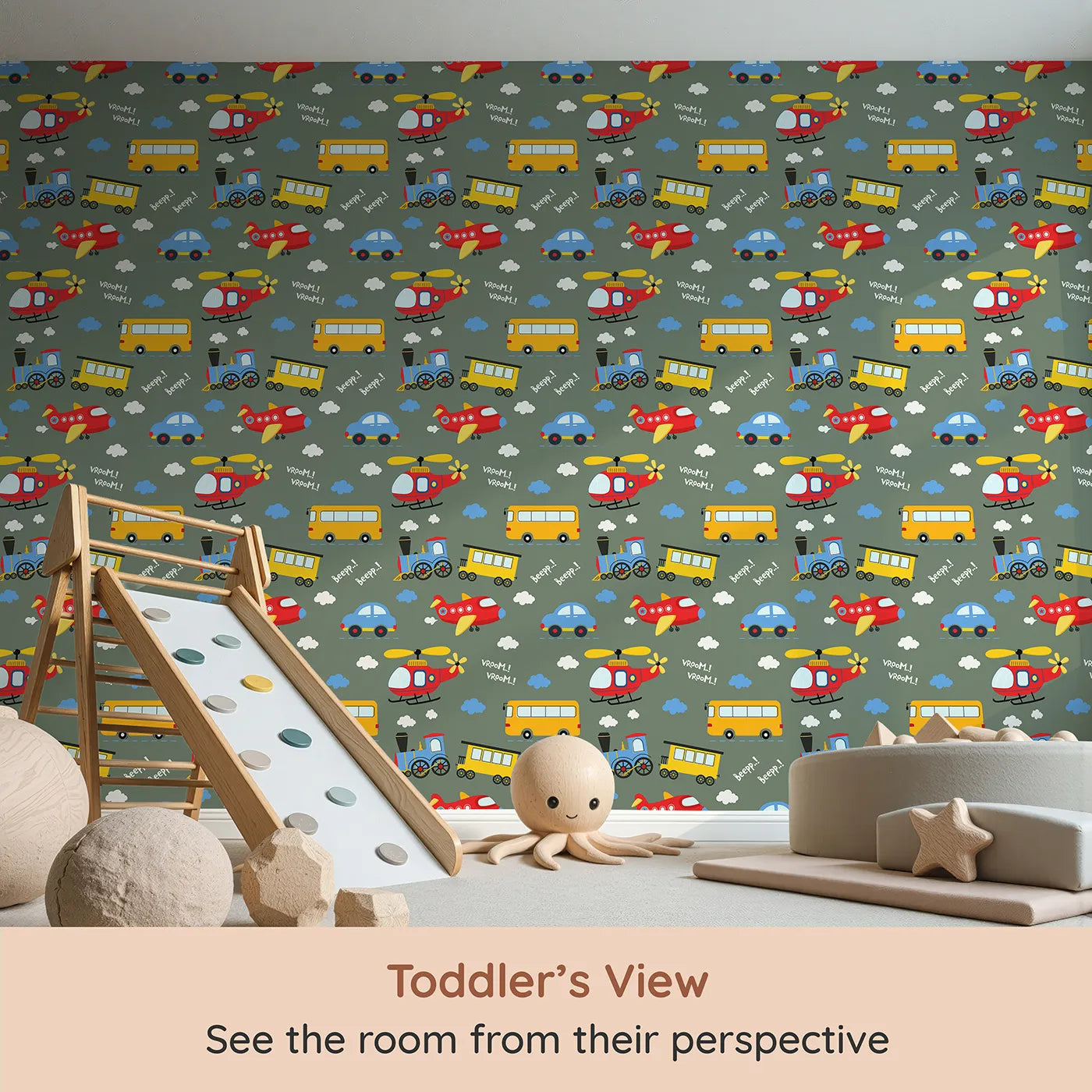 Whimsy Tots Vroom Vroom Transport Parade Wallpaper in Olive Green (W3438B) from your child's view.Planes, buses, and trains zoom across a warm olive sky.