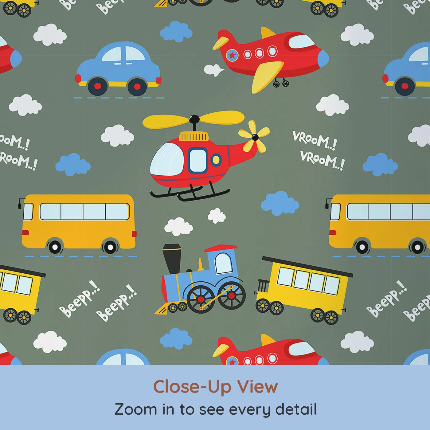 Close-up view of Whimsy Tots' Vroom Vroom Transport Parade Wallpaper in Olive Green (W3438B).Planes, buses, and trains zoom across a warm olive sky.