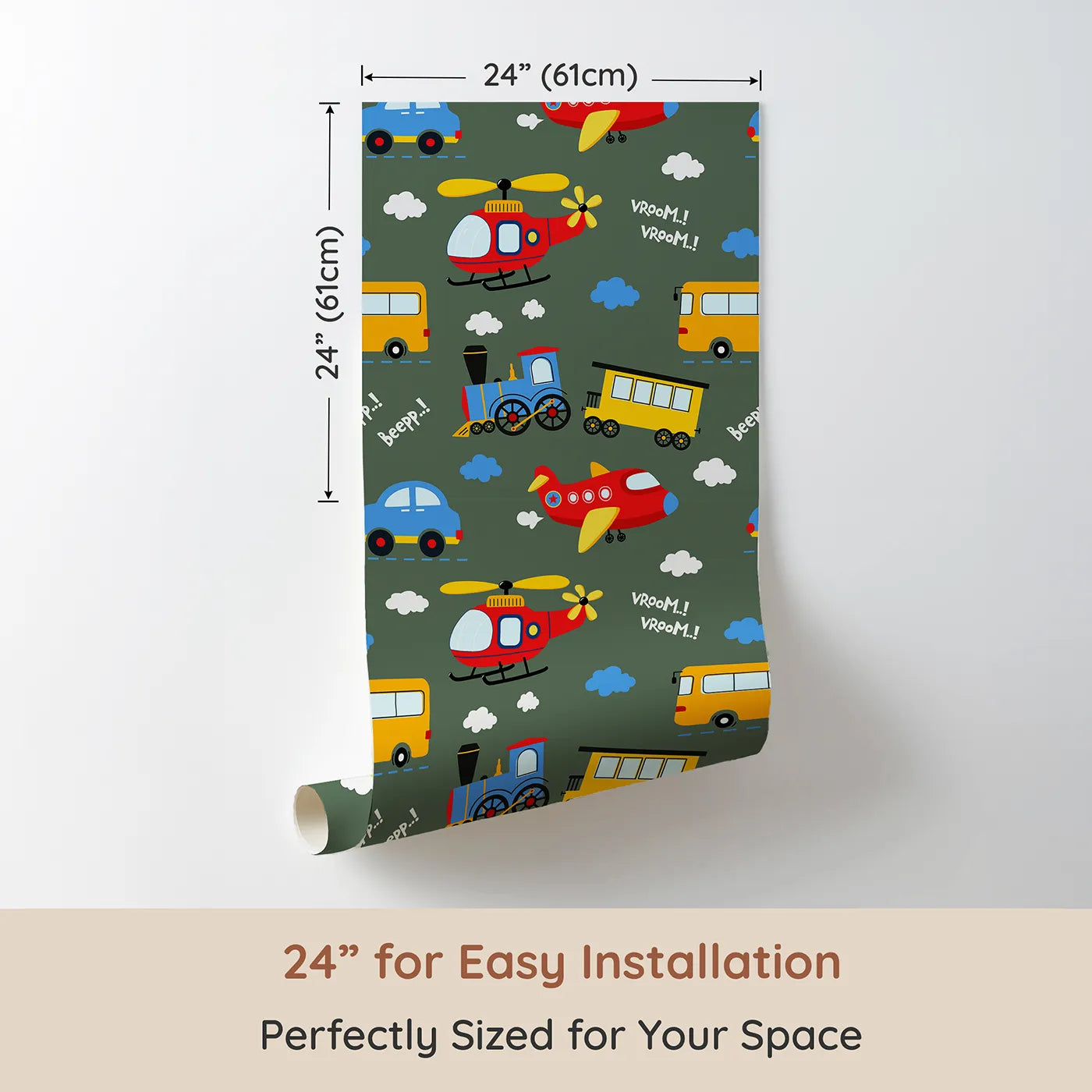 Dimension view of Whimsy Tots Vroom Vroom Transport Parade Wallpaper in Olive Green (W3438B). Printed in 24-inch-wide panel for easy installation. Planes, buses, and trains zoom across a warm olive sky.