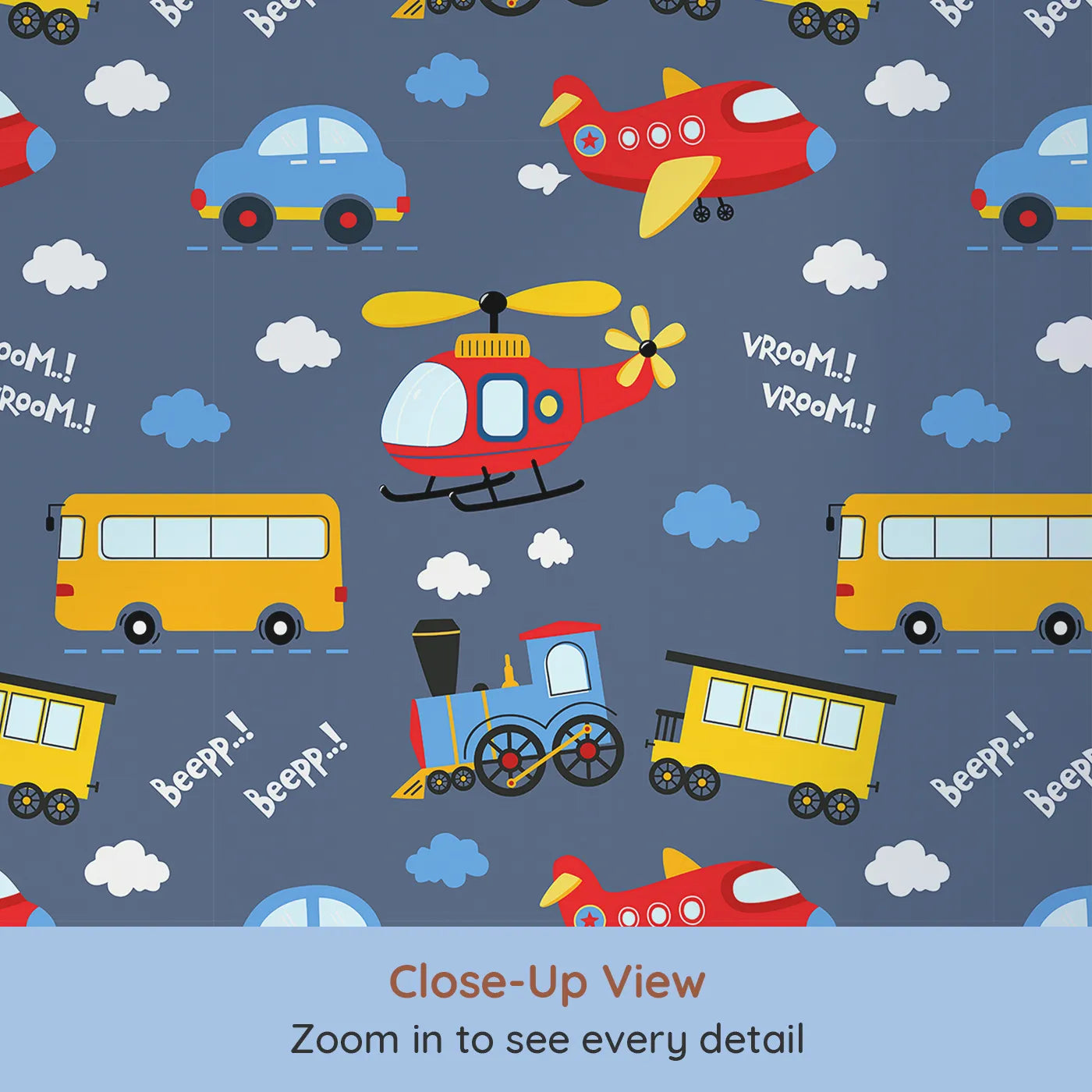 Close-up view of Whimsy Tots' Vroom Vroom Transport Parade Wallpaper in Navy Blue (W3438C).Bright vehicles parade across a bold navy backdrop with clouds and cheerful sounds.