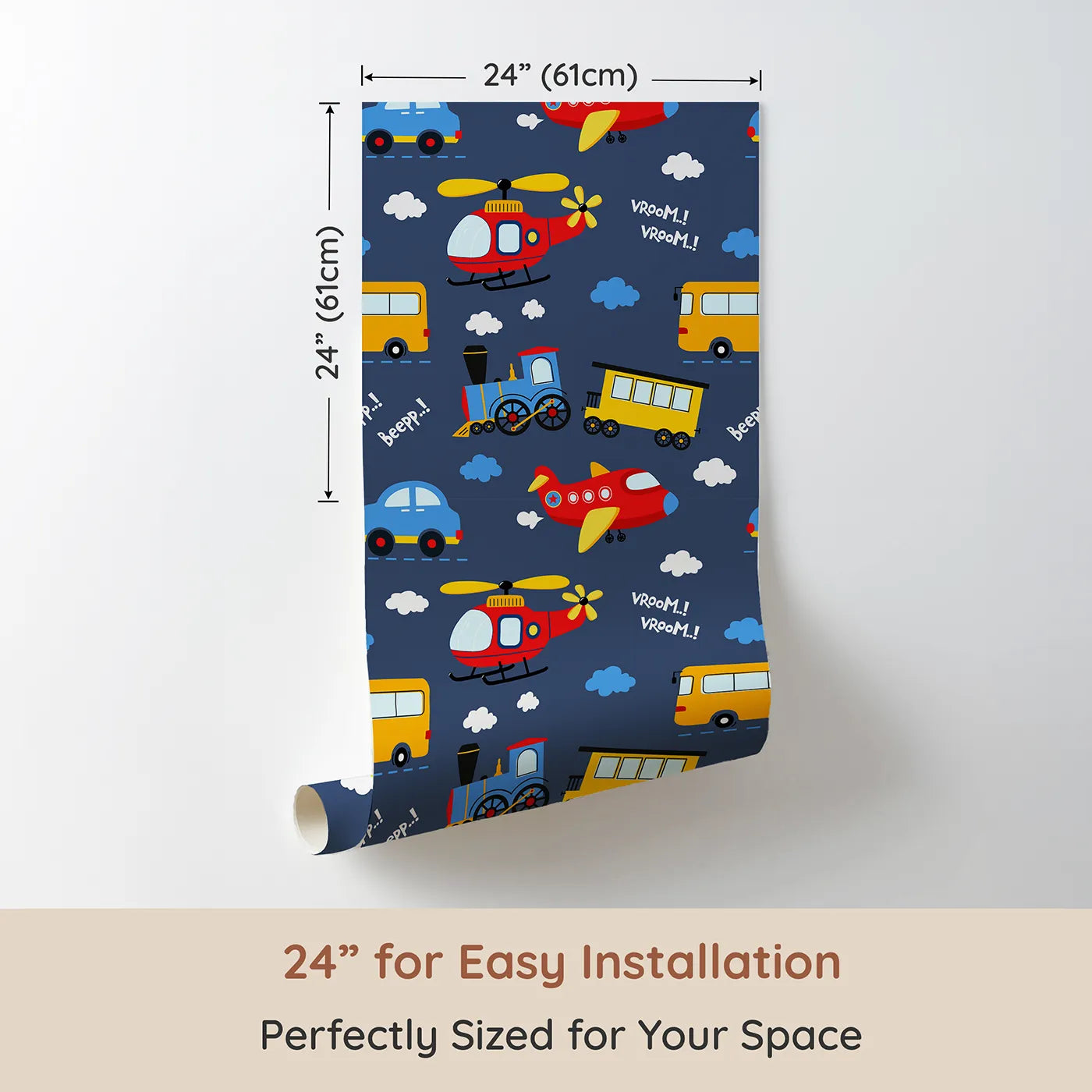 Dimension view of Whimsy Tots Vroom Vroom Transport Parade Wallpaper in Navy Blue (W3438C). Printed in 24-inch-wide panel for easy installation. Bright vehicles parade across a bold navy backdrop with clouds and cheerful sounds.