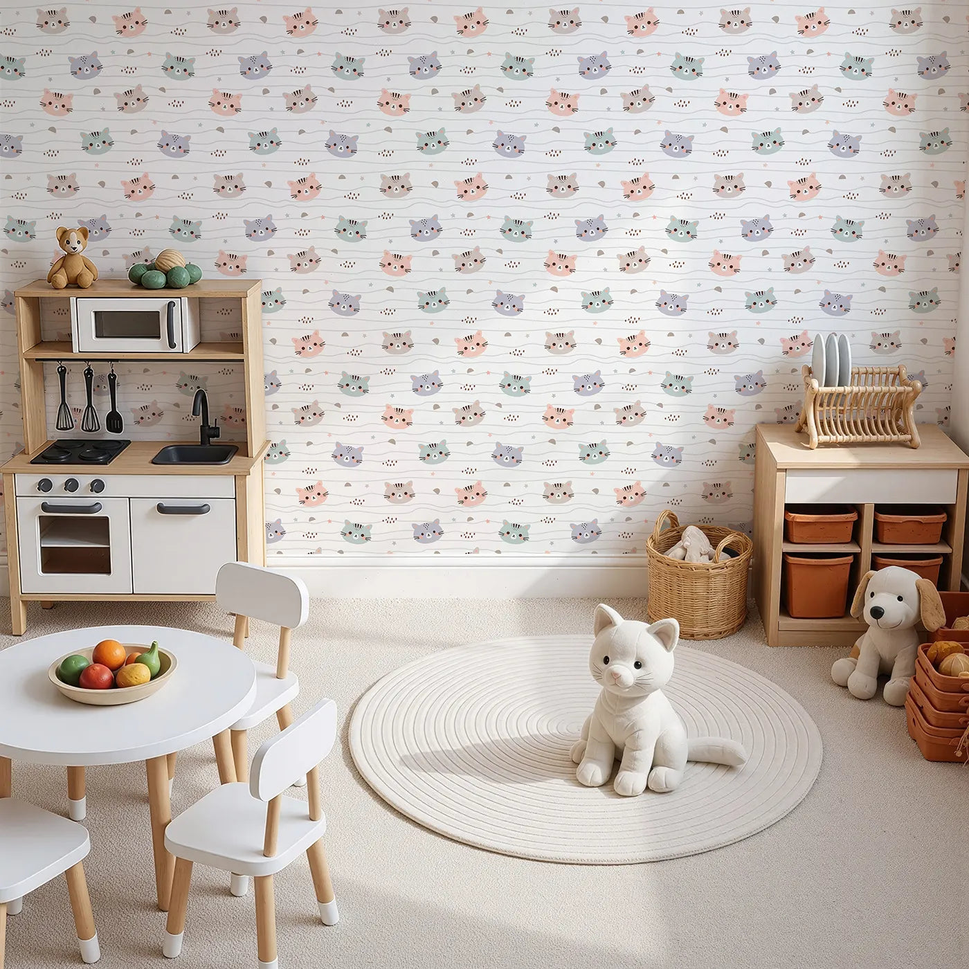 Top-Down view of Whimsy Tots' Whisker Wiggle Cats Wallpaper in White (W3439).Sweet kitty faces peek out across soft wavy lines and stars.