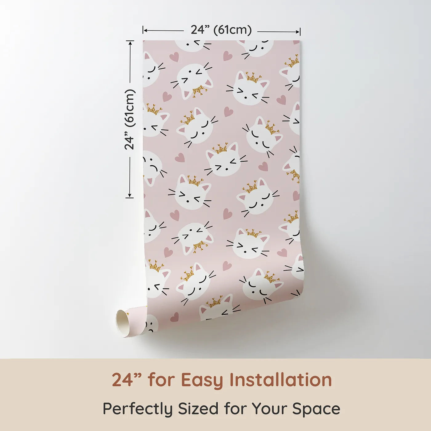 Dimension view of Whimsy Tots Royal Kitty Wink Wallpaper in Pink (W3440A). Printed in 24-inch-wide panel for easy installation. Crowned kittens and cozy hearts create a playful, royal retreat.