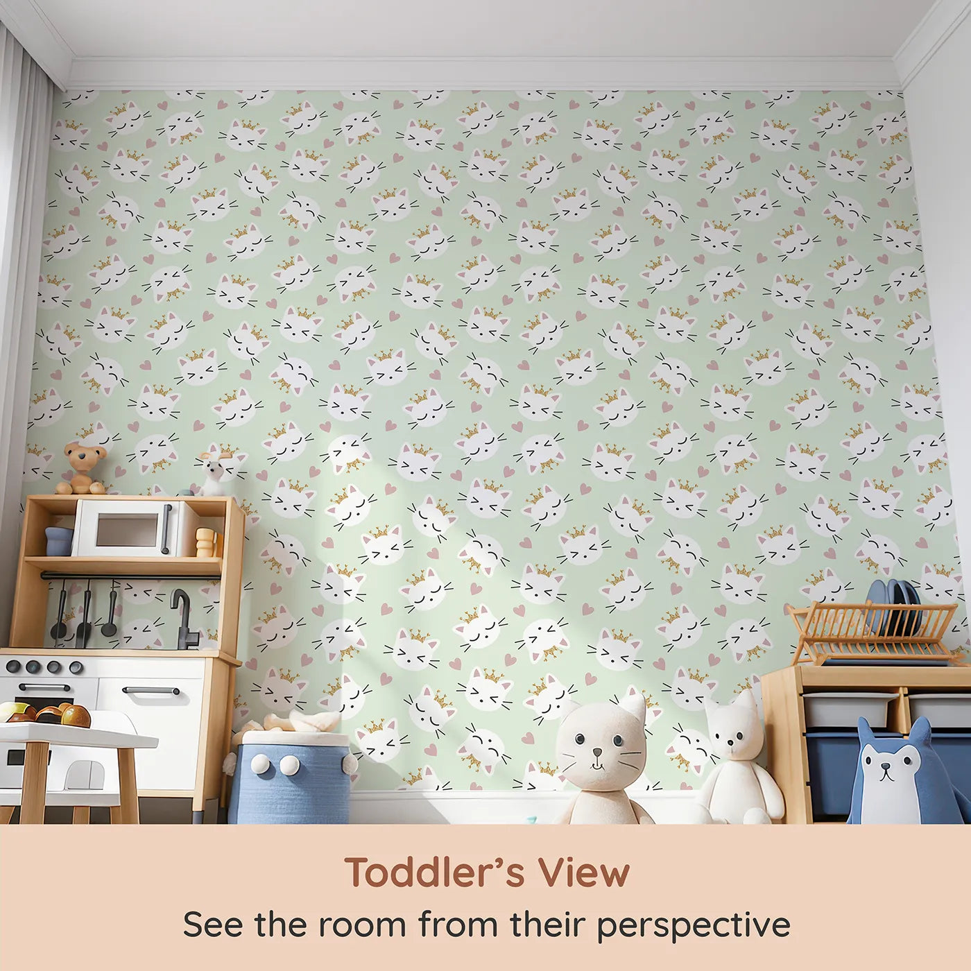 Whimsy Tots Royal Kitty Wink Wallpaper in Mint Green (W3440B) from your child's view.Crowned kittens and soft hearts create a cool, playful kingdom.