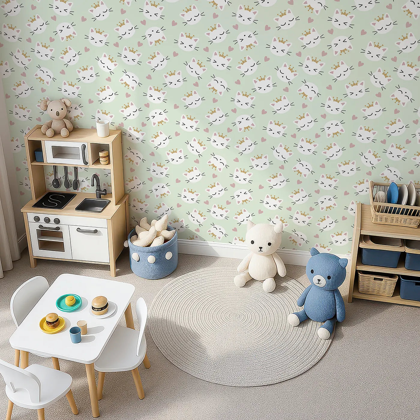 Top-Down view of Whimsy Tots' Royal Kitty Wink Wallpaper in Mint Green (W3440B).Crowned kittens and soft hearts create a cool, playful kingdom.