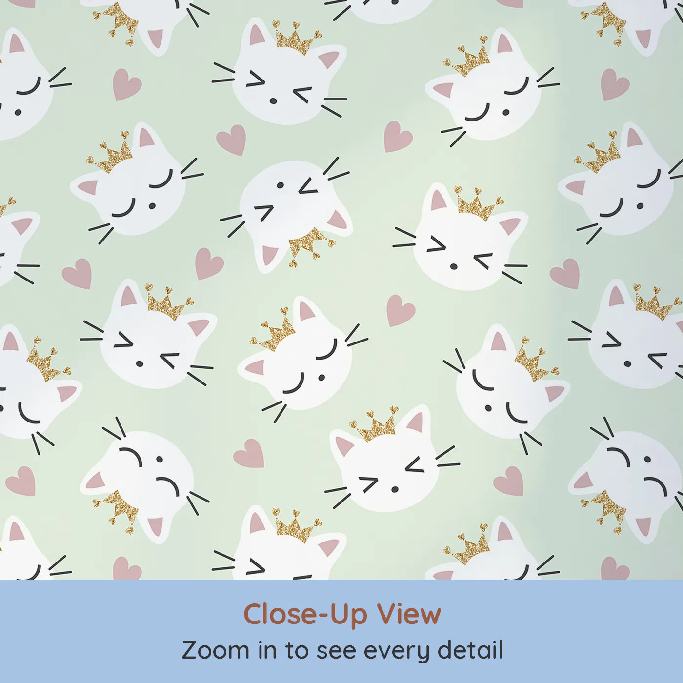 Close-up view of Whimsy Tots' Royal Kitty Wink Wallpaper in Mint Green (W3440B).Crowned kittens and soft hearts create a cool, playful kingdom.