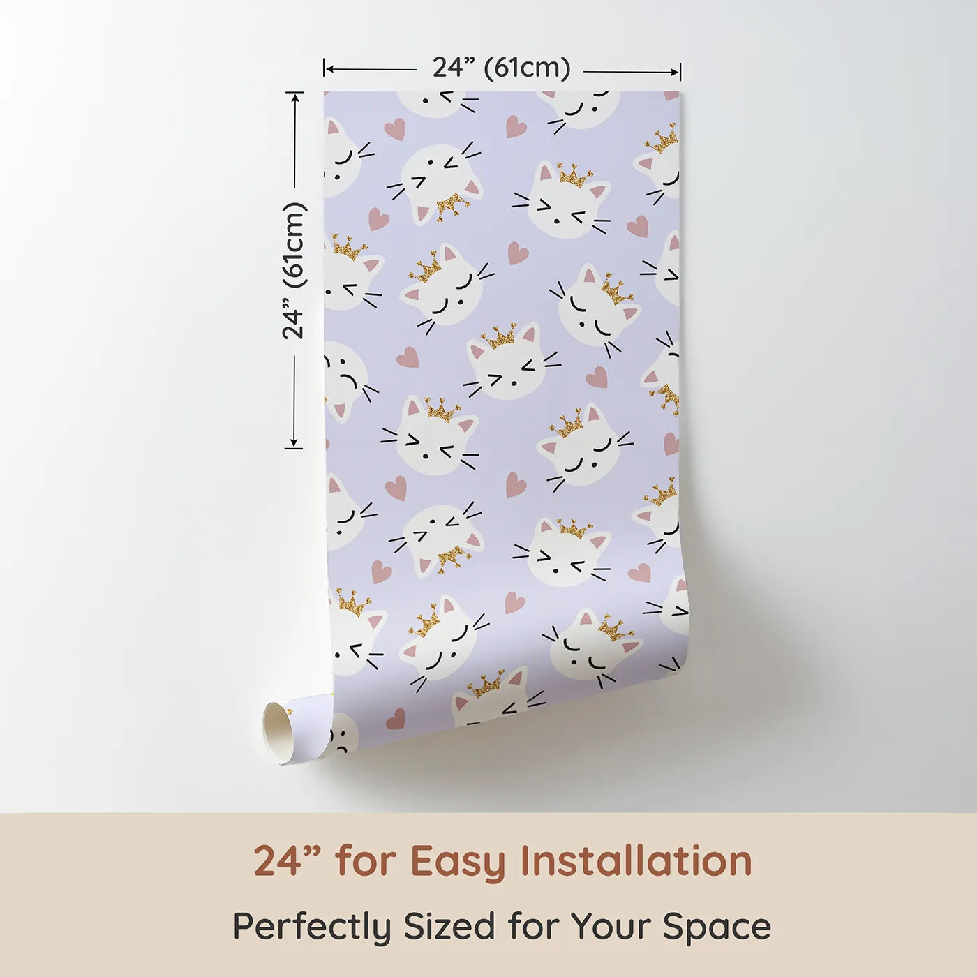 Dimension view of Whimsy Tots Royal Kitty Wink Wallpaper in Lilac Lavender (W3440E). Printed in 24-inch-wide panel for easy installation. Glittering crowns and cuddly kittens float through a soft lilac sky.