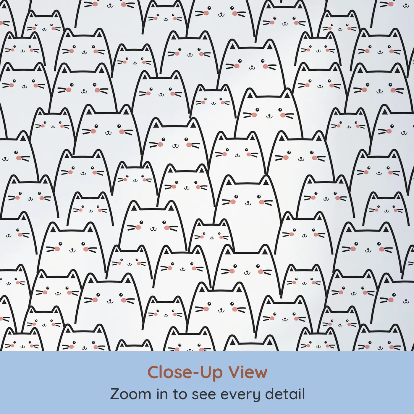Close-up view of Whimsy Tots' Crowd of Cats Wallpaper in White (W3441).Cheeky kittens line up with rosy cheeks and gentle smiles.