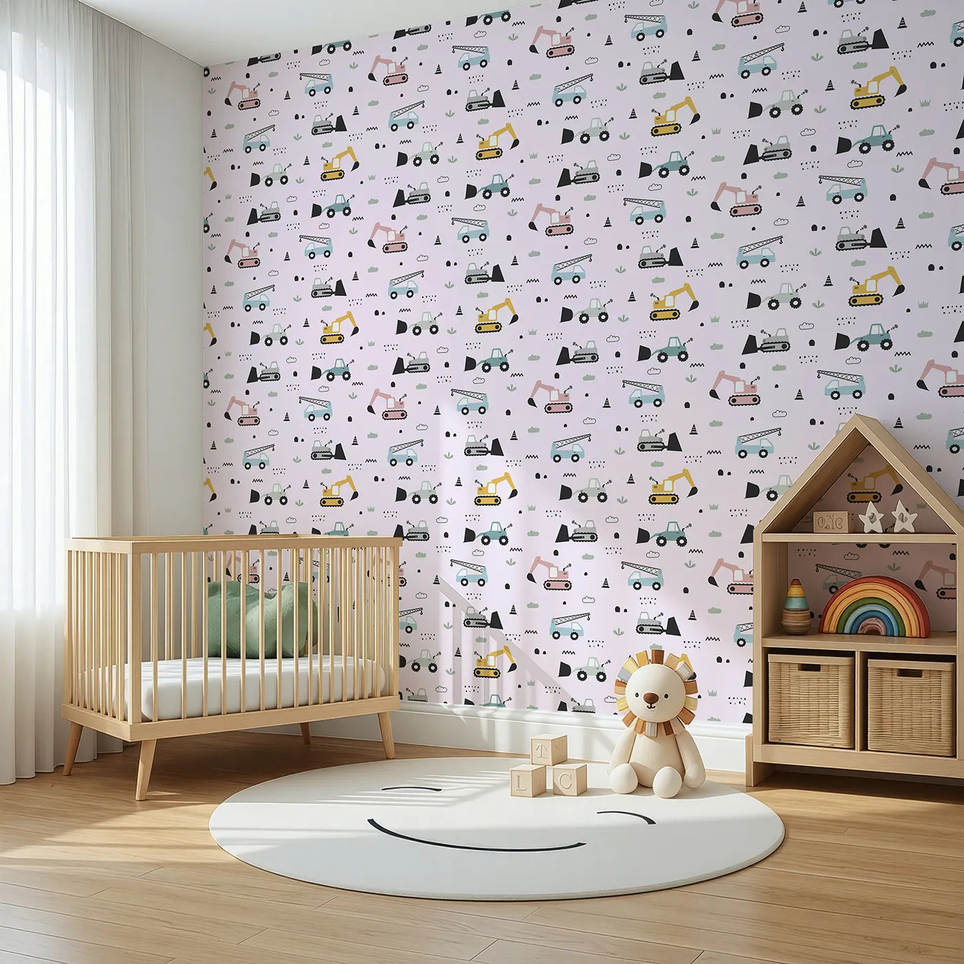 Angled view of Whimsy Tots' Digger Parade Wallpaper in Pink (W3442B).Pastel trucks and diggers roll across a soft pink backdrop of fun.