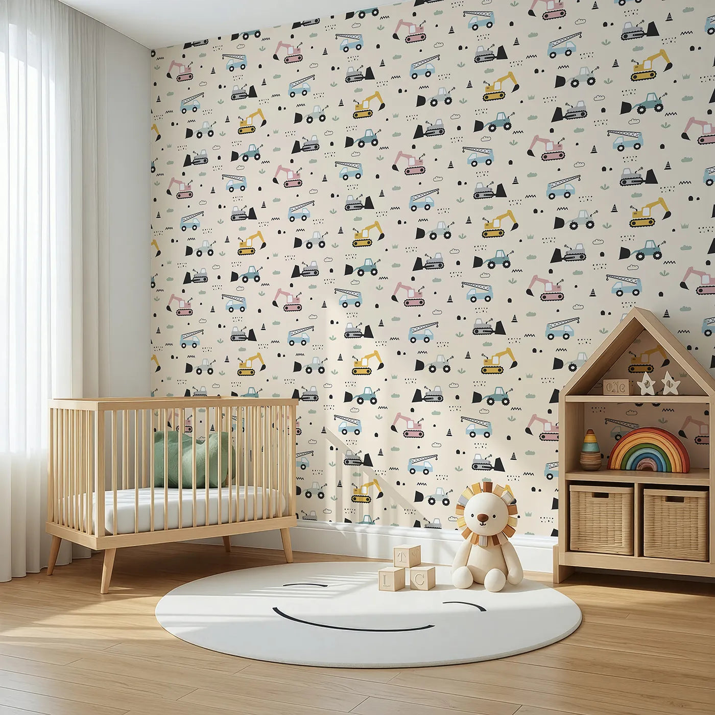 Angled view of Whimsy Tots' Digger Parade Wallpaper in Peach (W3442C).Playful diggers and cranes roll across a sunlit peach scene.