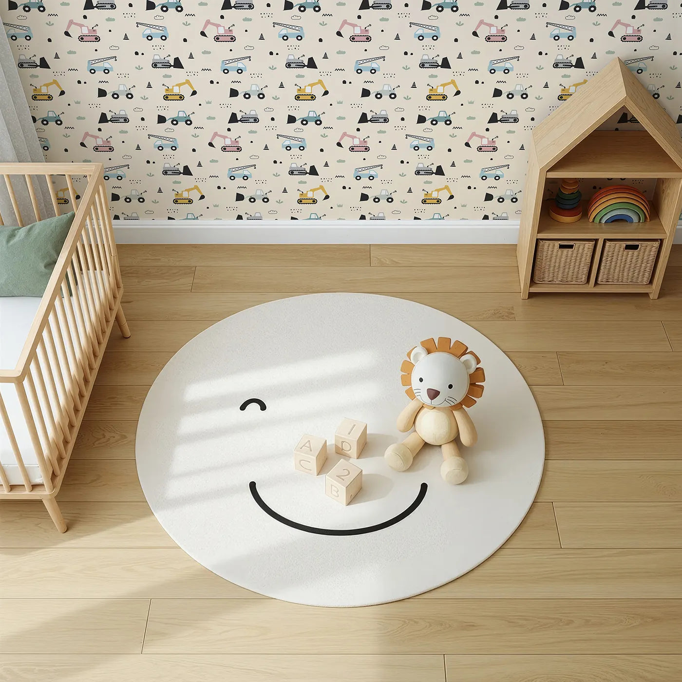 Top-Down view of Whimsy Tots' Digger Parade Wallpaper in Peach (W3442C).Playful diggers and cranes roll across a sunlit peach scene.