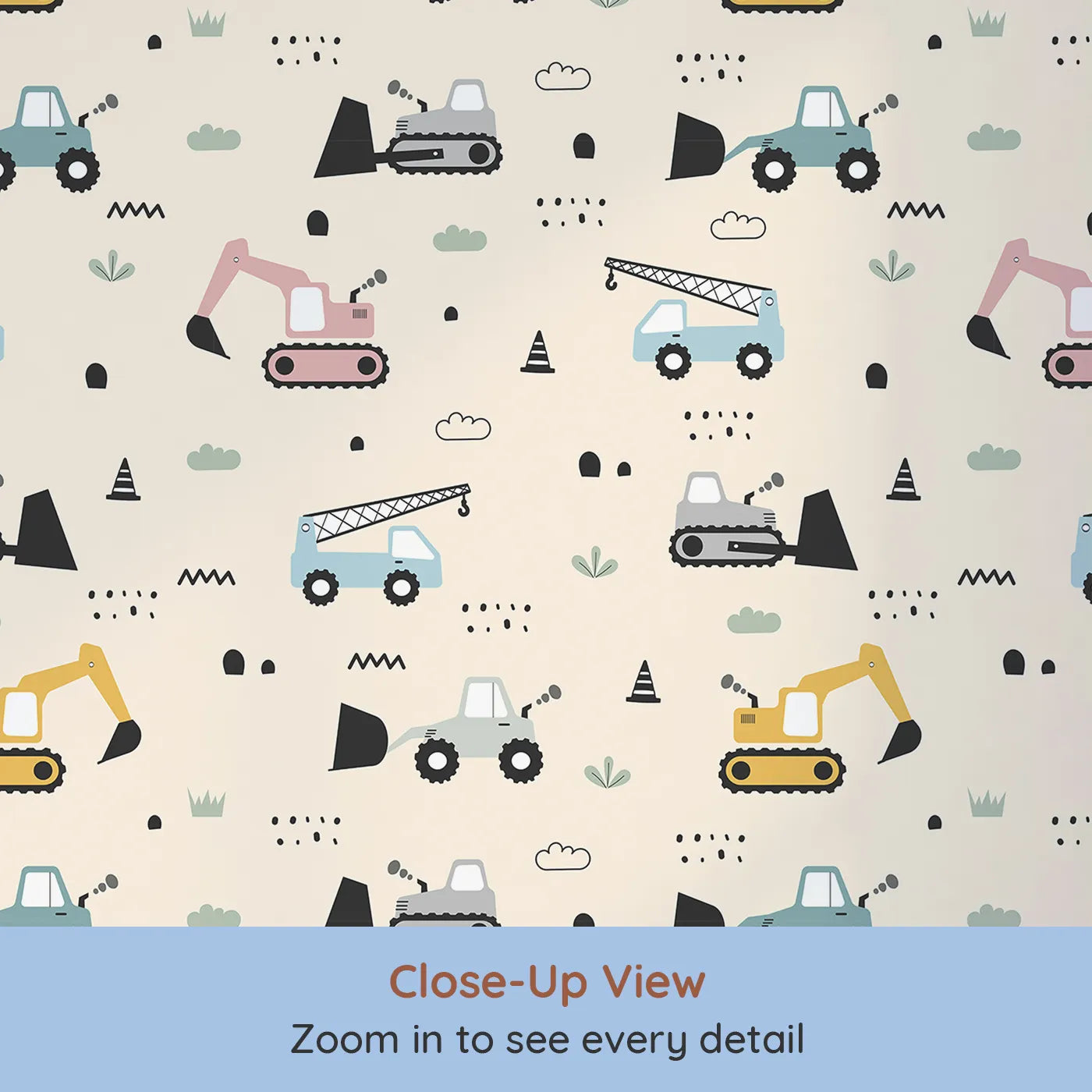 Close-up view of Whimsy Tots' Digger Parade Wallpaper in Peach (W3442C).Playful diggers and cranes roll across a sunlit peach scene.