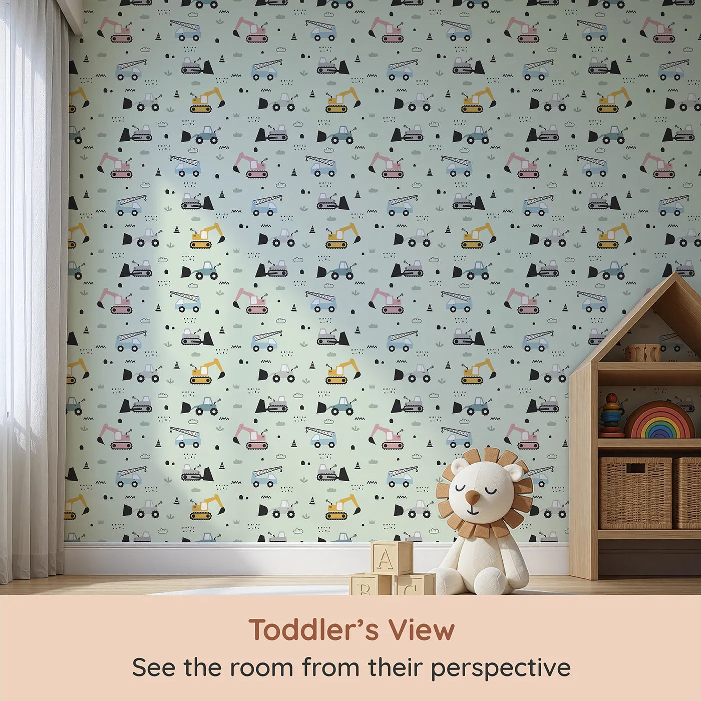 Whimsy Tots Digger Parade Wallpaper in Mint Green (W3442D) from your child's view.Soft-toned trucks and cranes create a cool, calming worksite.