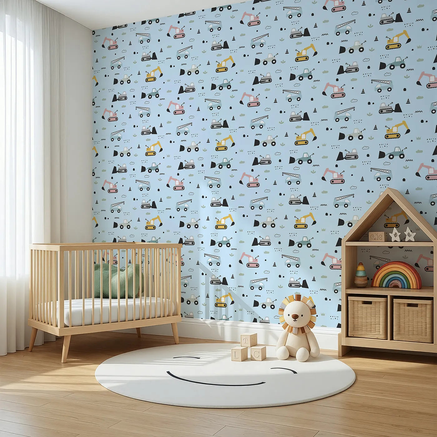 Angled view of Whimsy Tots' Digger Parade Wallpaper in Blue (W3442E).Bold machines drive across a fresh blue sky of imagination.